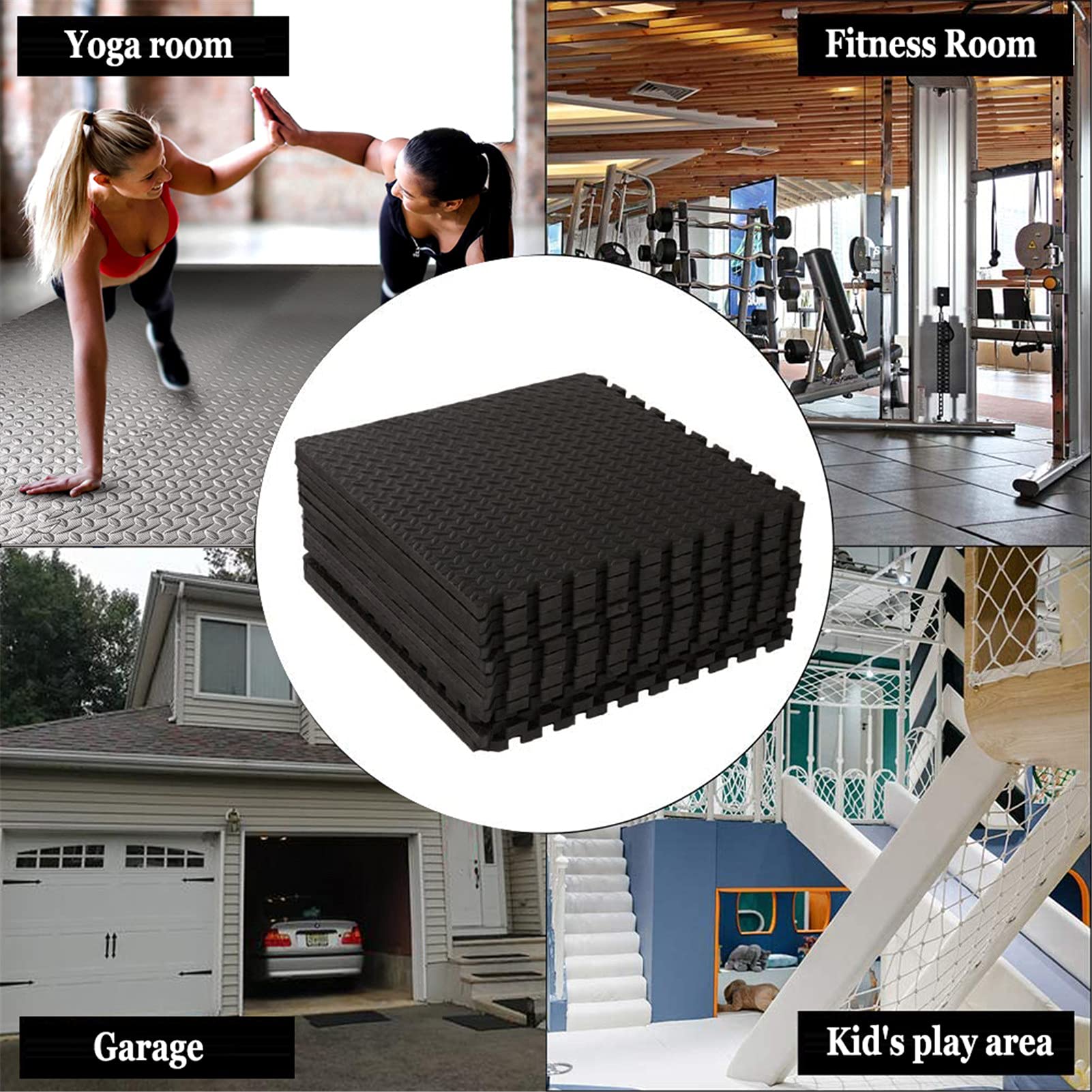 Interlocking EVA Foam Puzzle Exercise Mats - 32pc Black Gym Flooring for Fitness, Sports & Workouts | Non-Slip Floor Protector & Cushioning Mat | Ideal for Home Gyms, Yoga Studios & Play Areas
