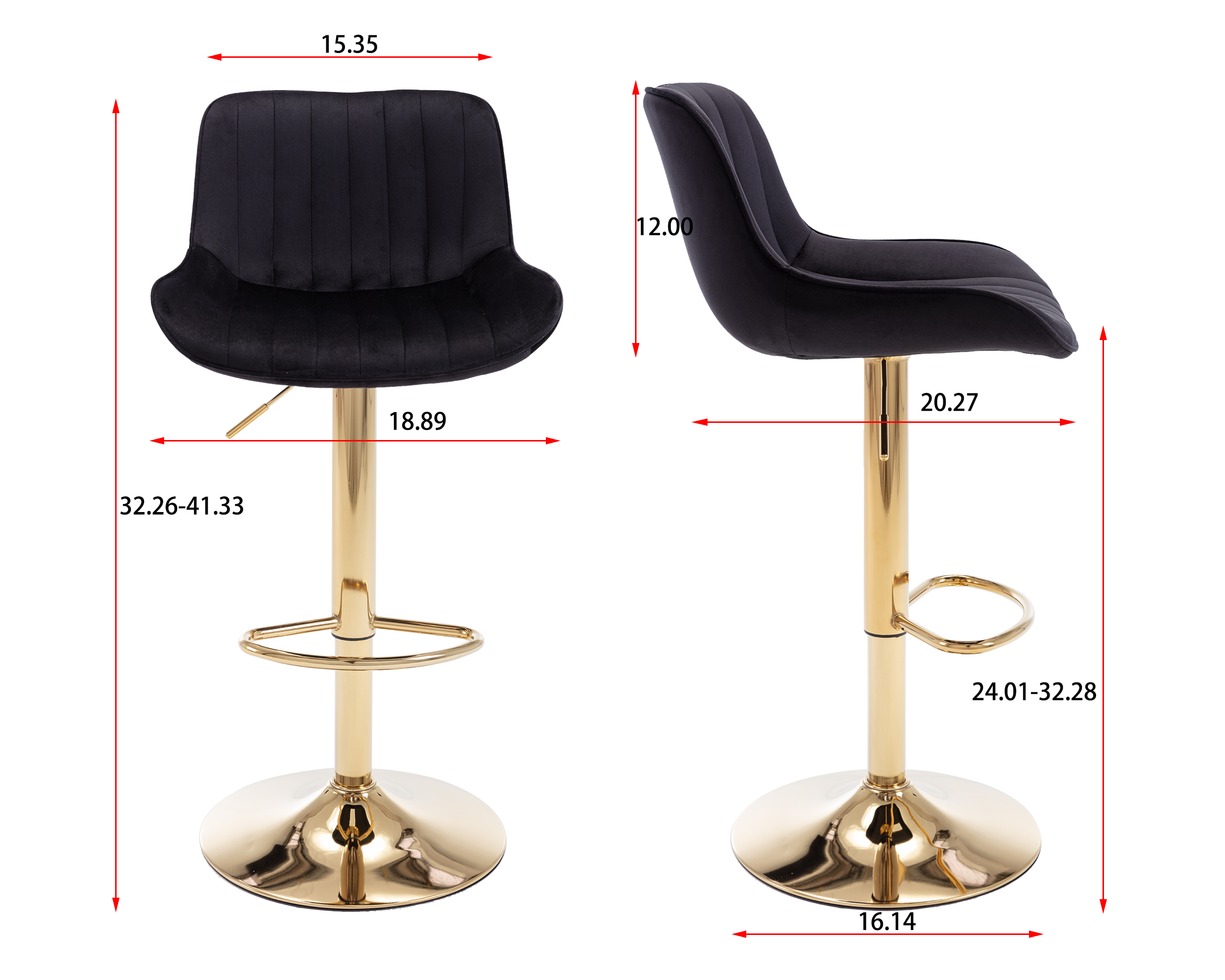 **Adjustable Chrome Footrest Swivel Bar Stool Set of 2 - Black Velvet Seat with Golden Legs for Kitchen Counter, Home Bar & Dining Room**