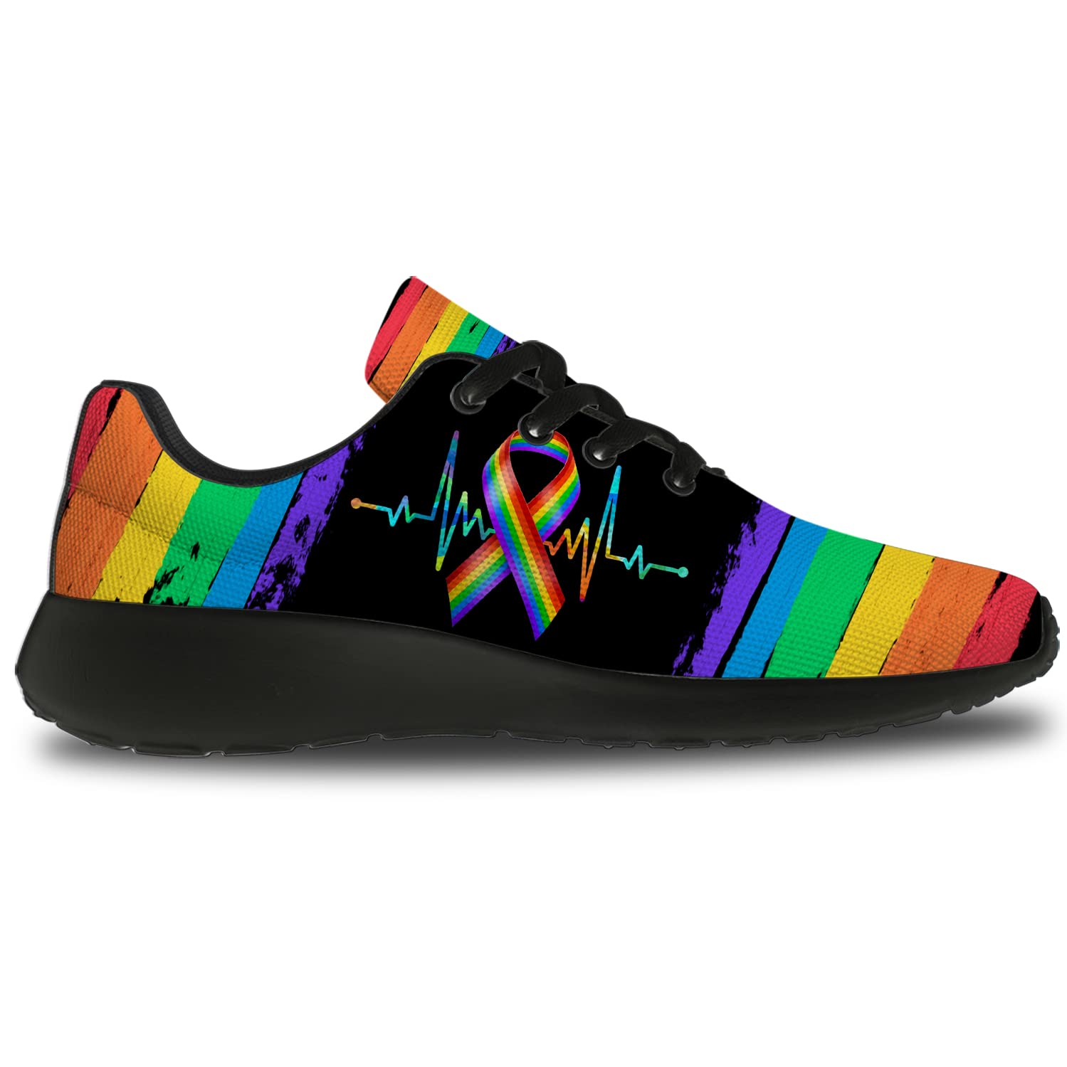 Unisex Pride Running Shoes - Rainbow Ribbon LGBT Heartbeat Sneakers for Men & Women | Size 10.5 Men/12 Women Black | Perfect for Walking, Tennis & LGBTQ+ Events