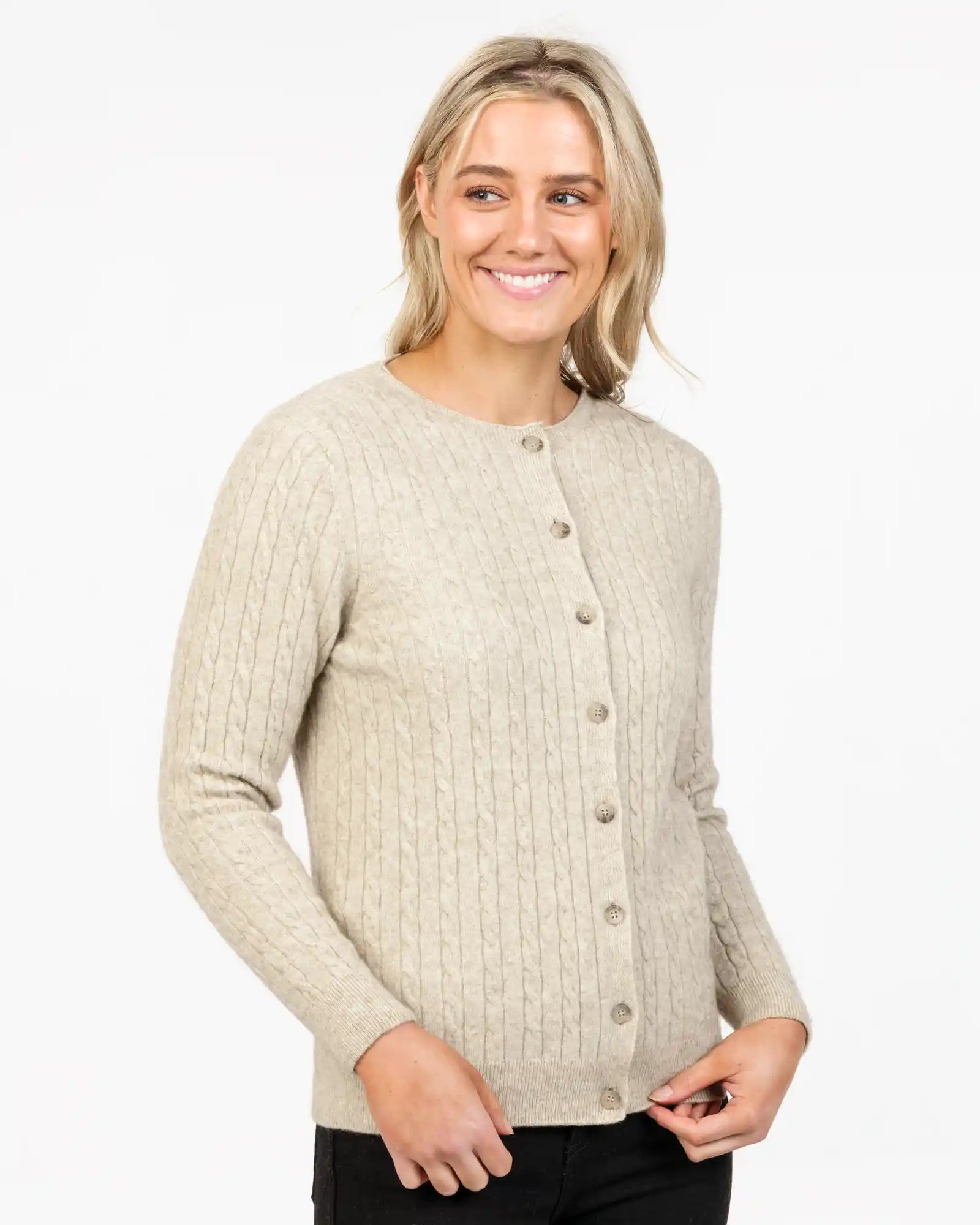 Natural Women's Classic Cable Knit Cardigan Sweater - Soft Comfortable Winter Warm Pullover for Casual Outfits & Office Wear | NB886