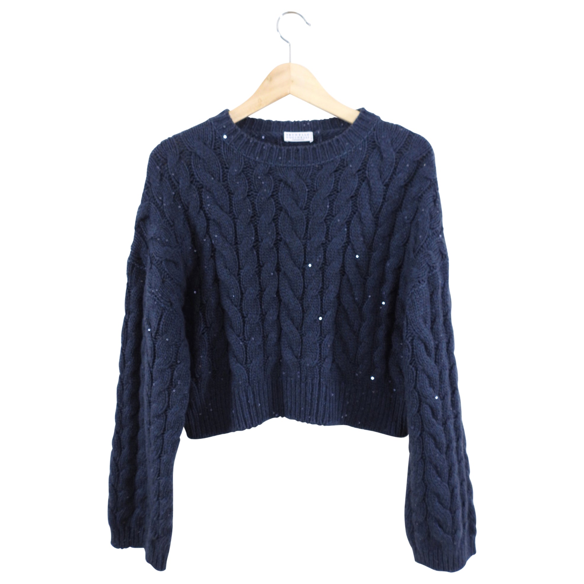 Brunello Cucinelli Navy Blue Sequin Cashmere Cable Knit Sweater for Women - Luxurious Winter Pullover for Holiday Parties & Evening Events
