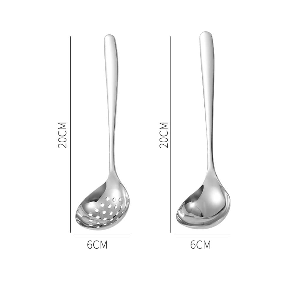 Premium Stainless Steel Soup Ladle & Slotted Colander Spoon Set - Long Handle for Hot Pot, Cooking & Serving - Ideal for Soups, Pasta & Kitchen Use - Silver