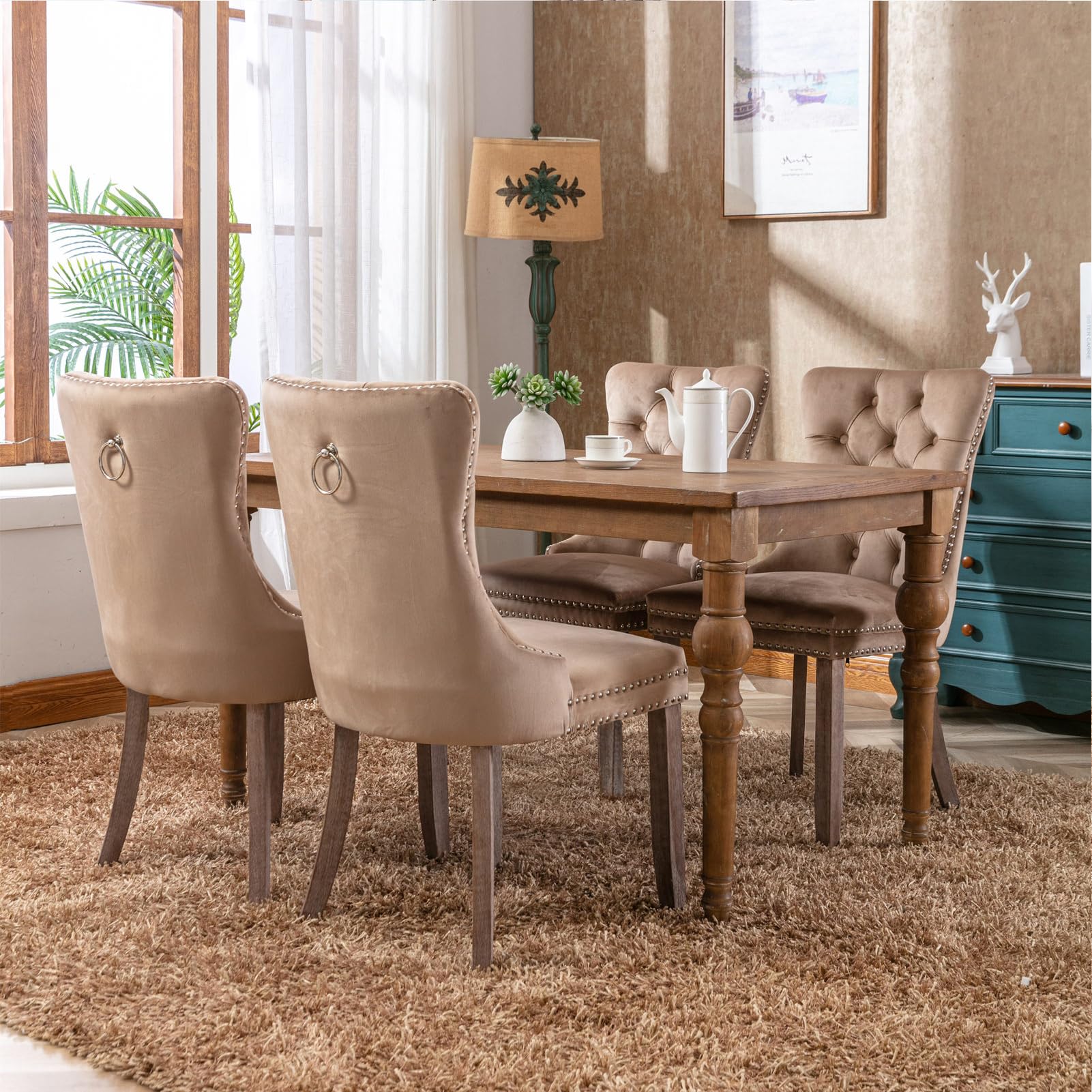 4 Velvet Upholstered Dining Chairs Set with Ring Pull Trim & Button Back - Modern Comfortable Seating for Kitchen, Bedroom & Living Room (Khaki) | Perfect for Home Dining, Entertaining Guests & Cozy Reading Nooks