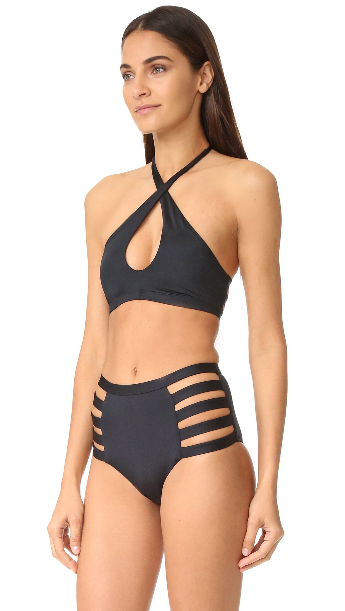 Vitamin A Women's Black Ecolux Camila Cross Neck Halter Bikini Top - Eco-Friendly Swimwear for Beach, Pool & Summer Vacations