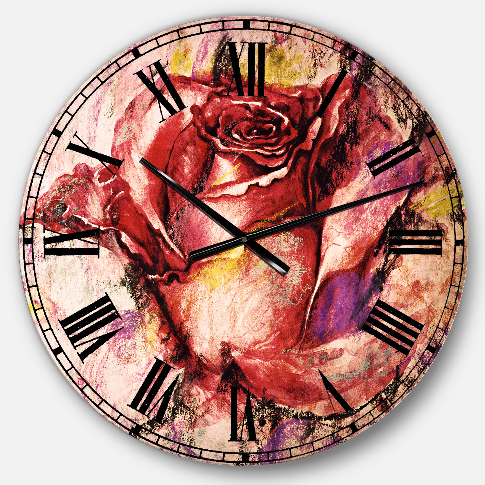 Designart Red Rose Illustration Traditional Round Wall Clock - Elegant Metal Wall Art for Home, Living Room, Bedroom & Office Decor | Perfect Vintage Style Decorative Clock for Farmhouse, Apartment & Workspace