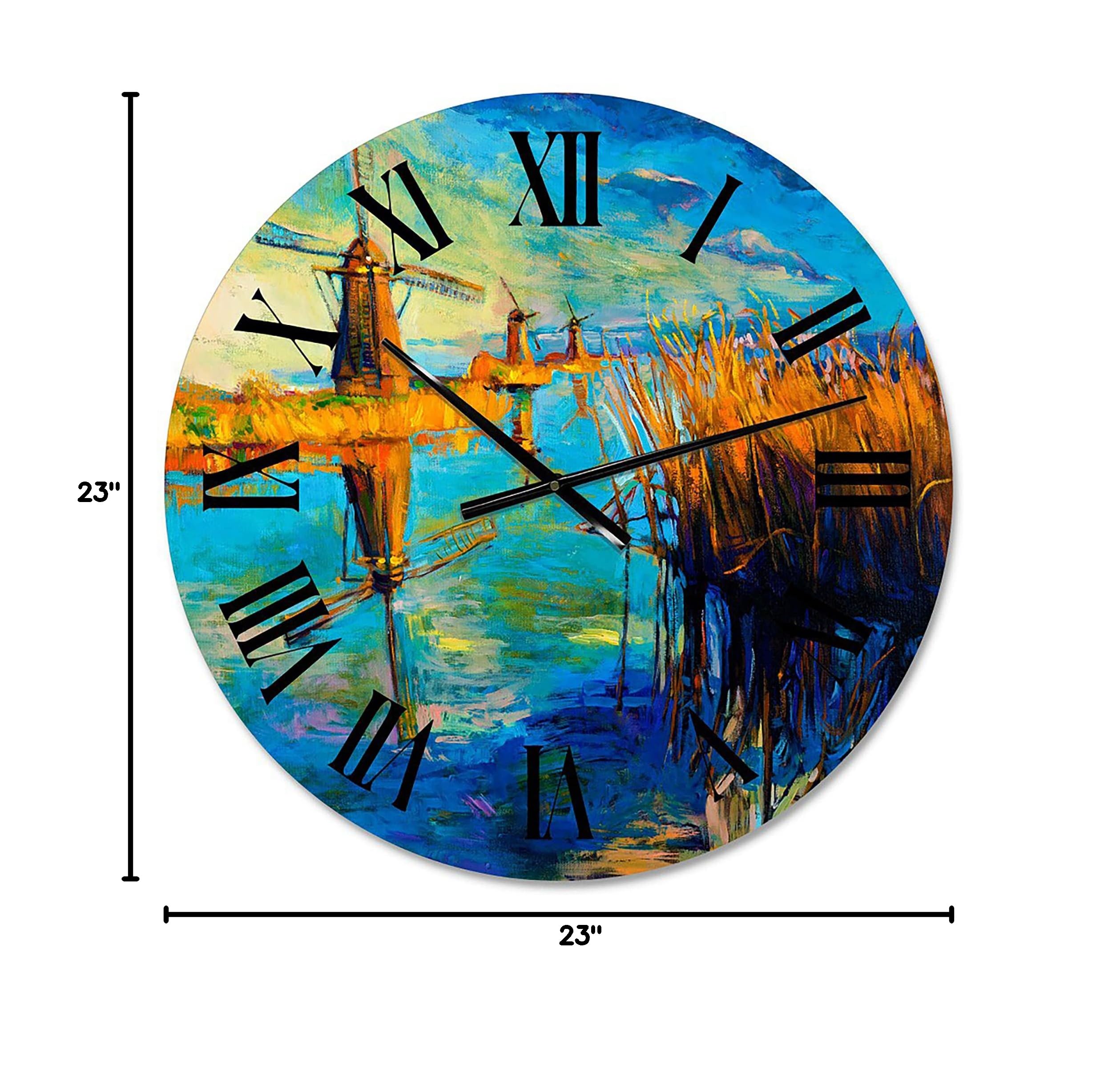 DesignQ Nautical Coastal Wall Clock - 'Windmills by The Deep Blue Lake' Round Blue Clock for Home, Office & Beach House Decor | Perfect for Living Room, Bedroom & Coastal-Themed Spaces