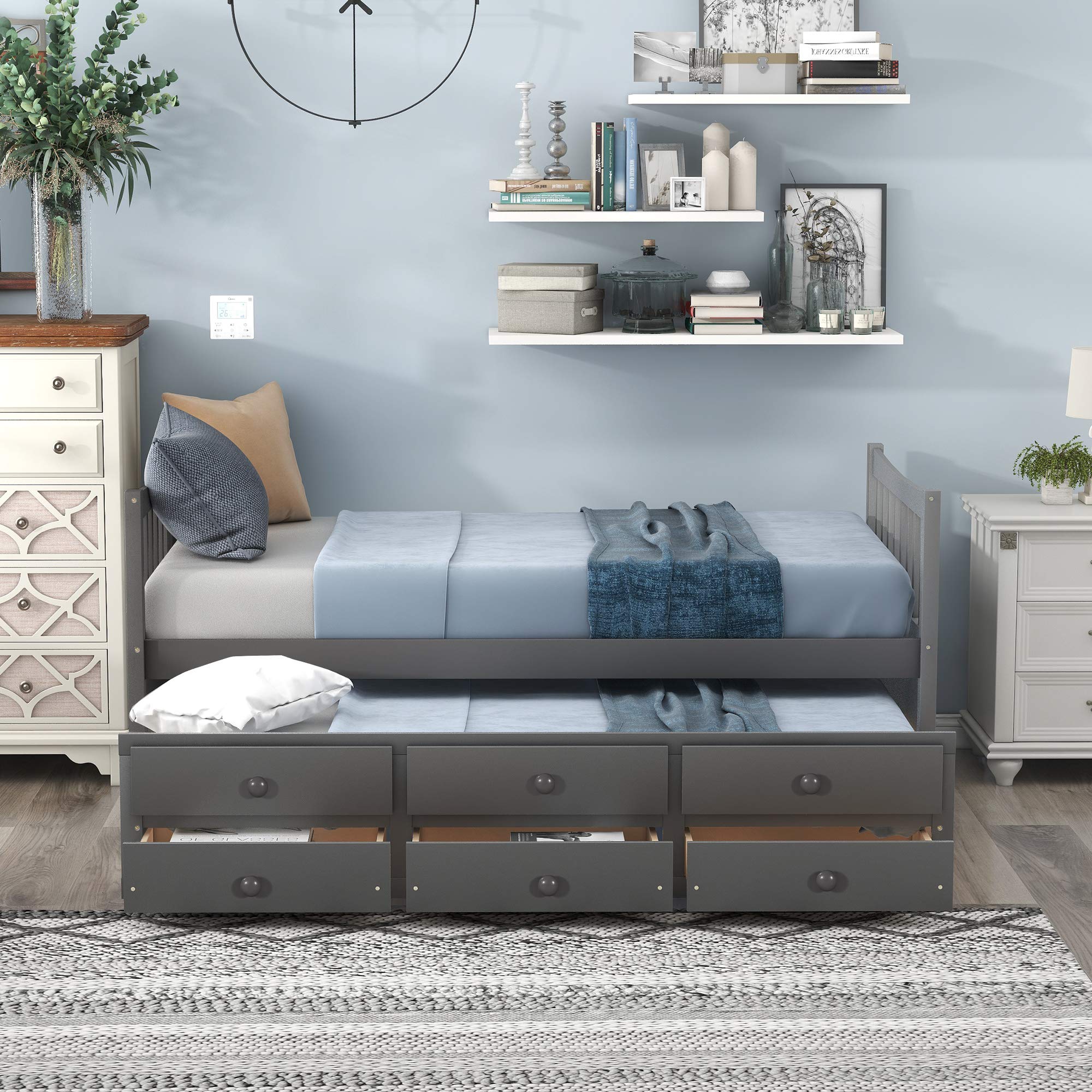 Twin Captain's Bed with Trundle & 3 Storage Drawers - Wood Platform Bed Frame with Headboard & Footboard for Kids, Teens & Adults - No Box Spring Needed - Easy Assembly - Grey - Perfect for Small Bedrooms, Guest Rooms & Dorm Rooms