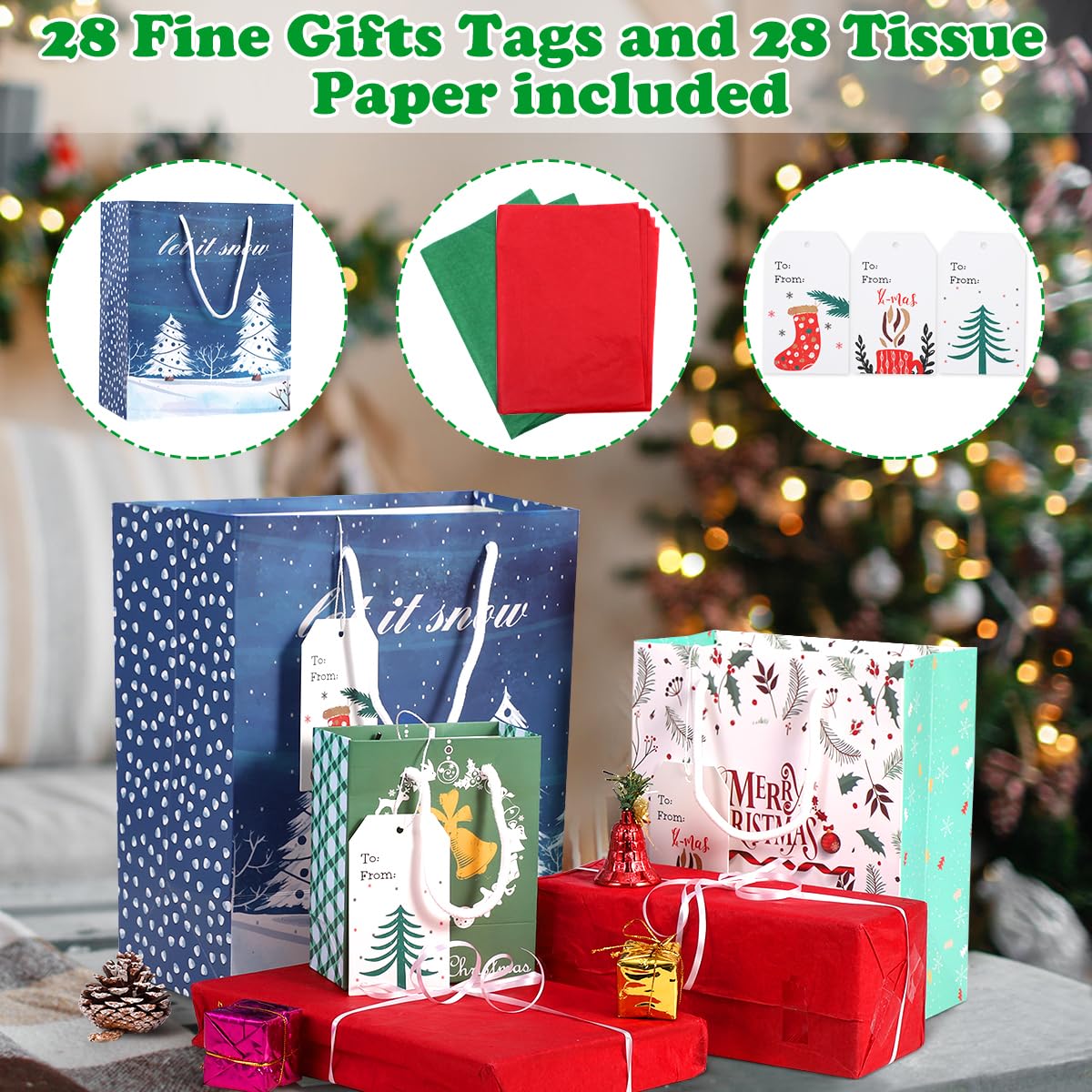 84-Piece Christmas Gift Bags Set with 28 Tissue Papers - 6 Styles Reusable Holiday Gift Bags with Handles (4 Designs) for Xmas Party Favors, Office Gifts & Festive Present Wrapping