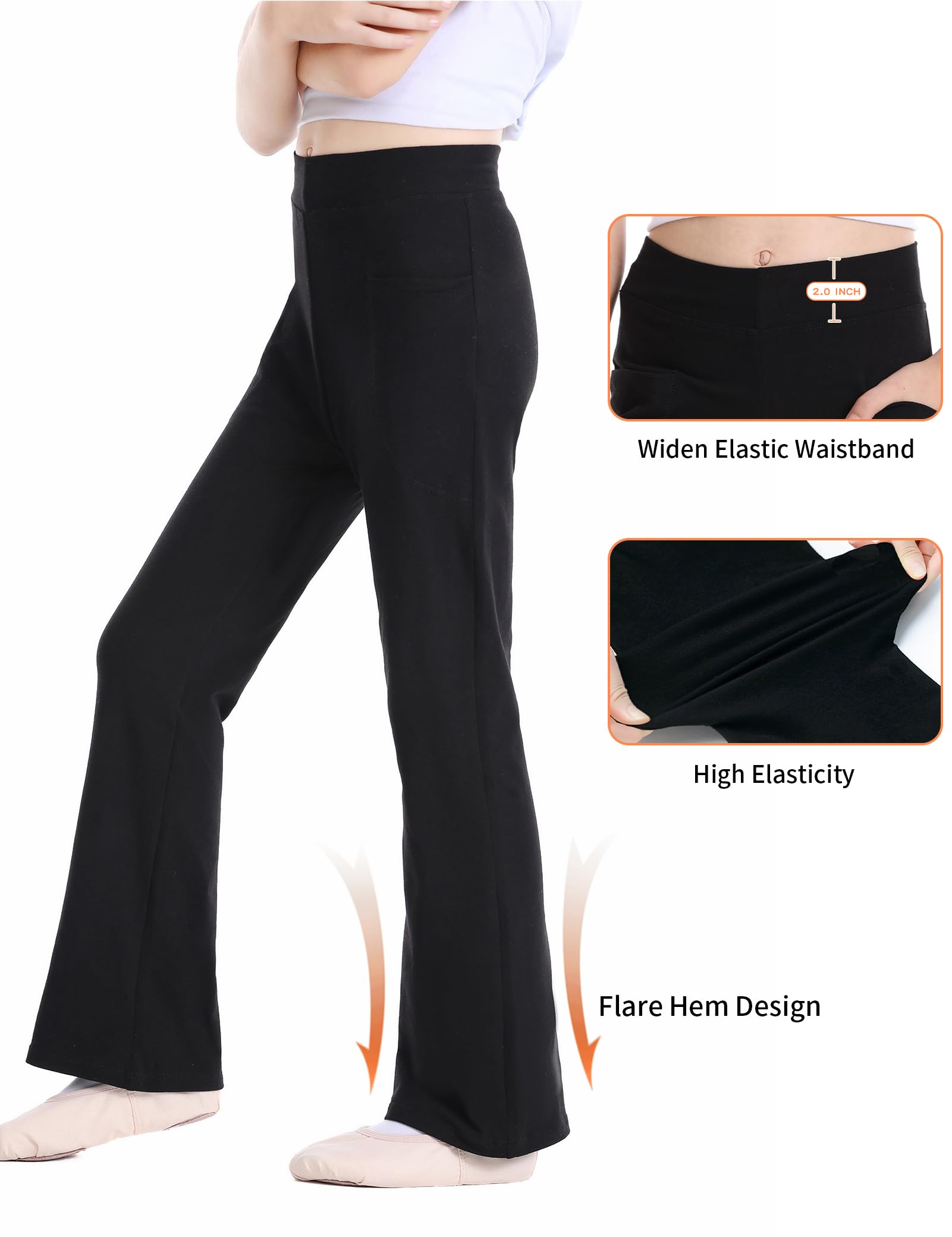 Phoeswan High Waisted Flare Leggings for Girls - Cotton Black Bell Bottom Pants | Full Length Jazz Dance Yoga Pants for Teens & Kids | Perfect for Dance Class, Yoga Practice & Casual Wear