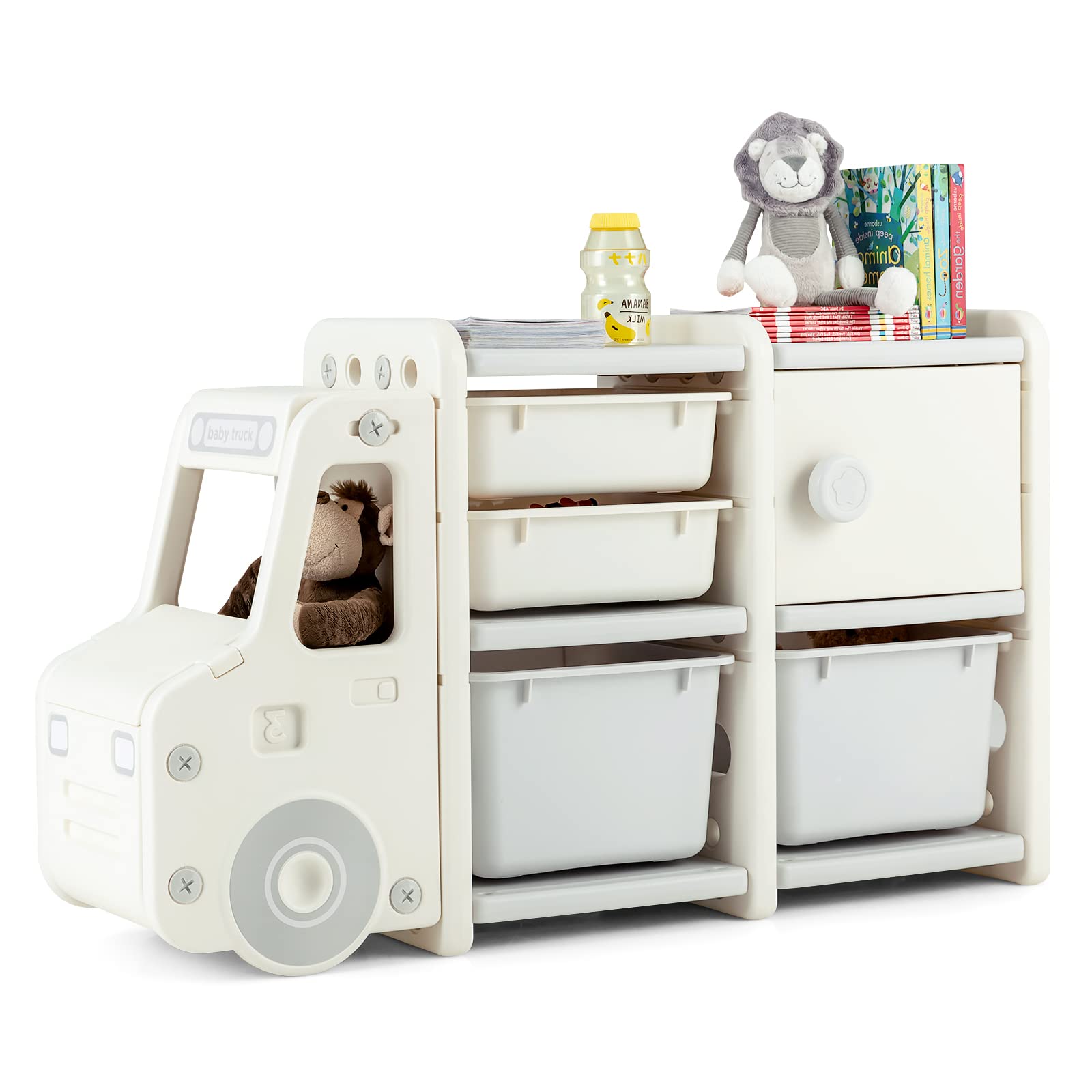 Costzon Kids Toy Organizer & Storage Chest - 2 Large Bins, 2 Pull-Out Drawers, Open Cabinet | Multifunctional Bookcase Shelf for Toys, Books | Perfect for Playroom, Bedroom, Nursery Organization (Beige) | Great for Montessori Learning & Playtime Storage Solutions