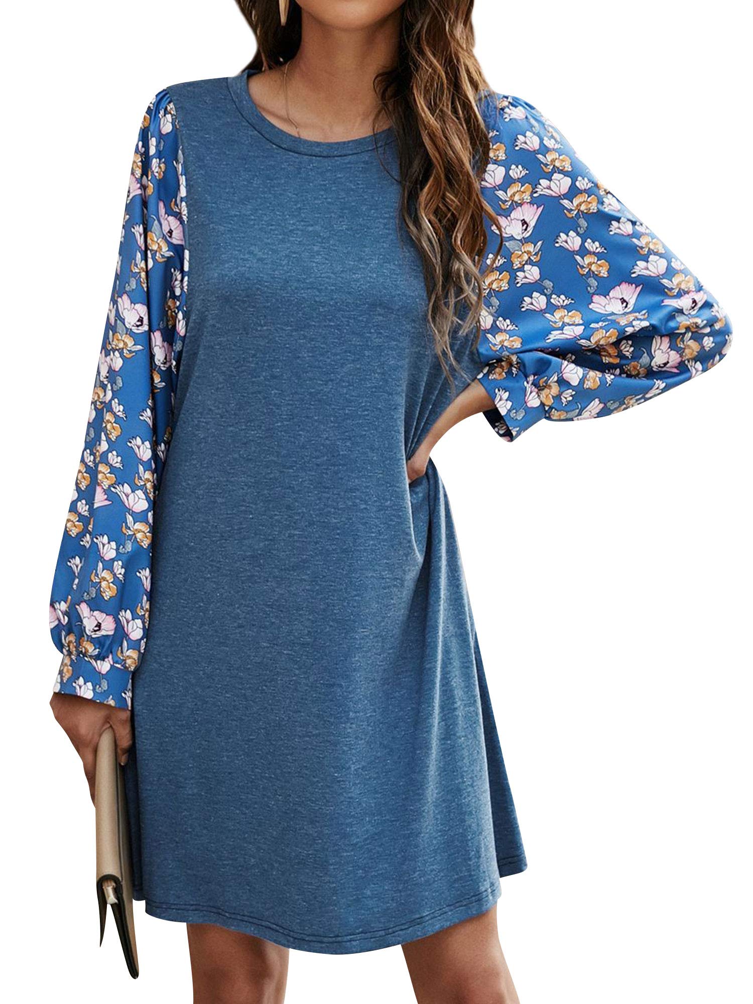 SNRC Women's Floral Print Lantern Sleeve Shift Dress - Colorblock Crew Neck Mini Dress in Blue | Casual Summer Dress for Beach, Party & Everyday Wear