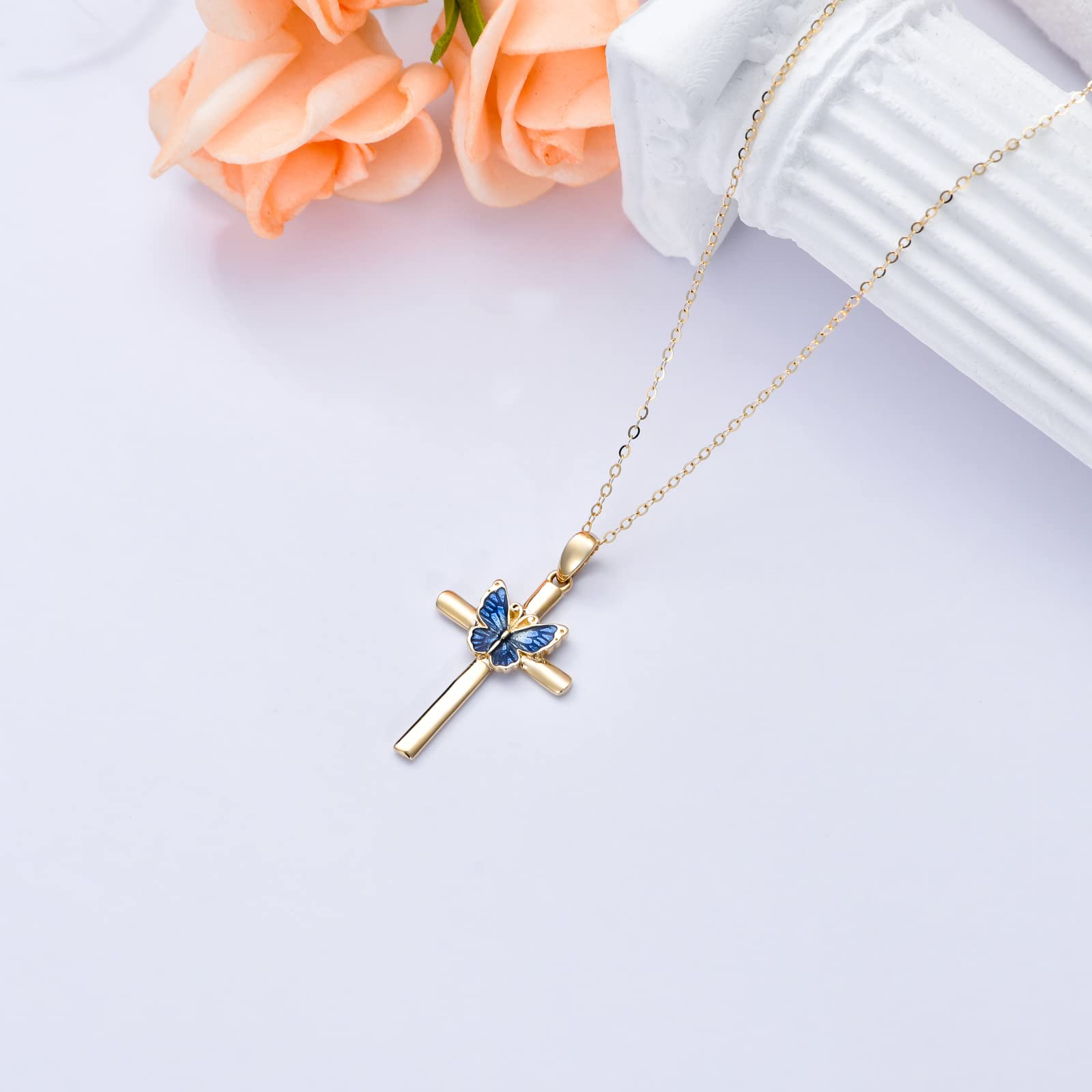 14K Solid Gold Cross Necklace for Women - Butterfly Cross Pendant Chain Gift for Her, Mom, Wife (16