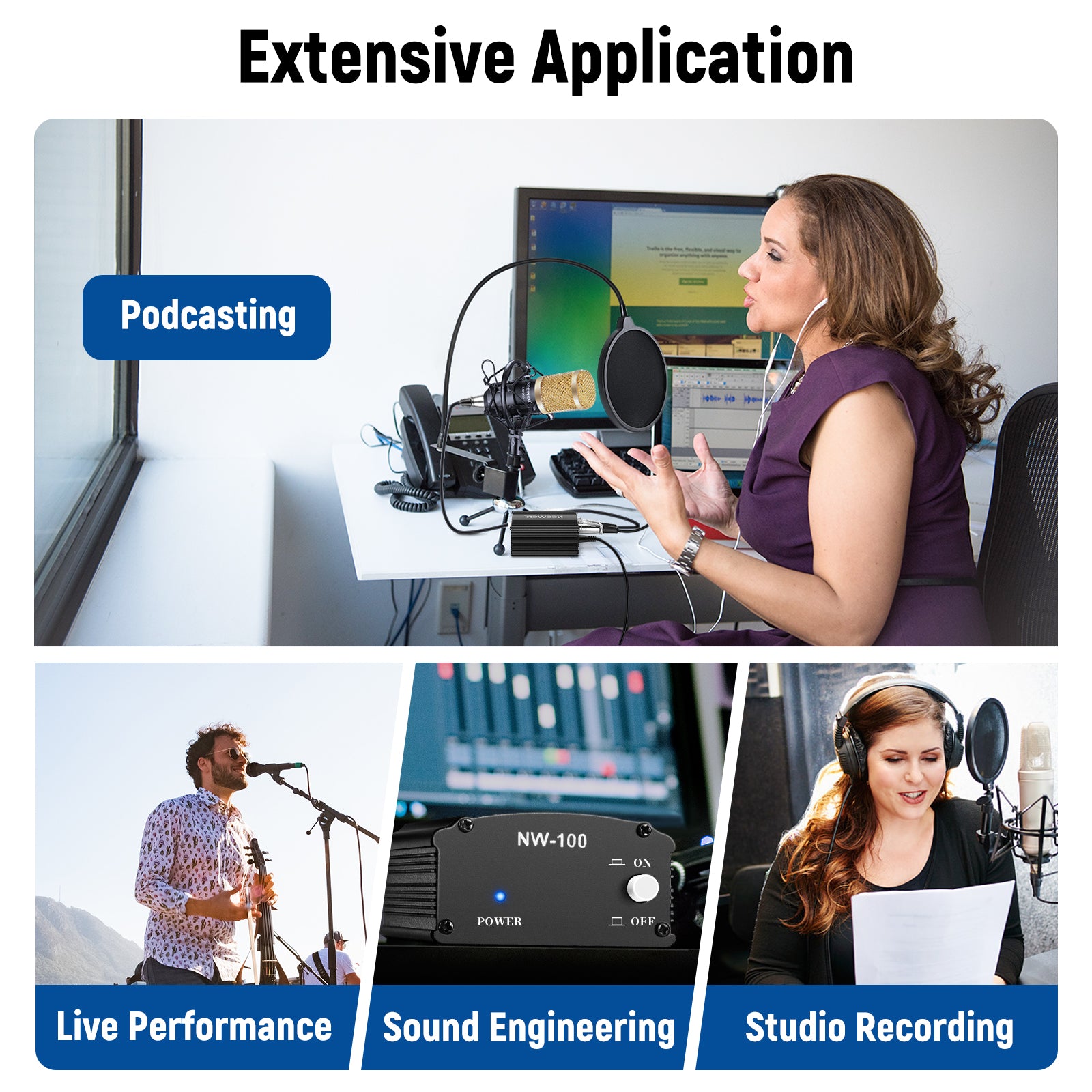 NEEWER NW 100 48V Phantom Power Supply with Adapter for Condenser Microphones - Professional Studio Recording & Live Performance Audio Equipment