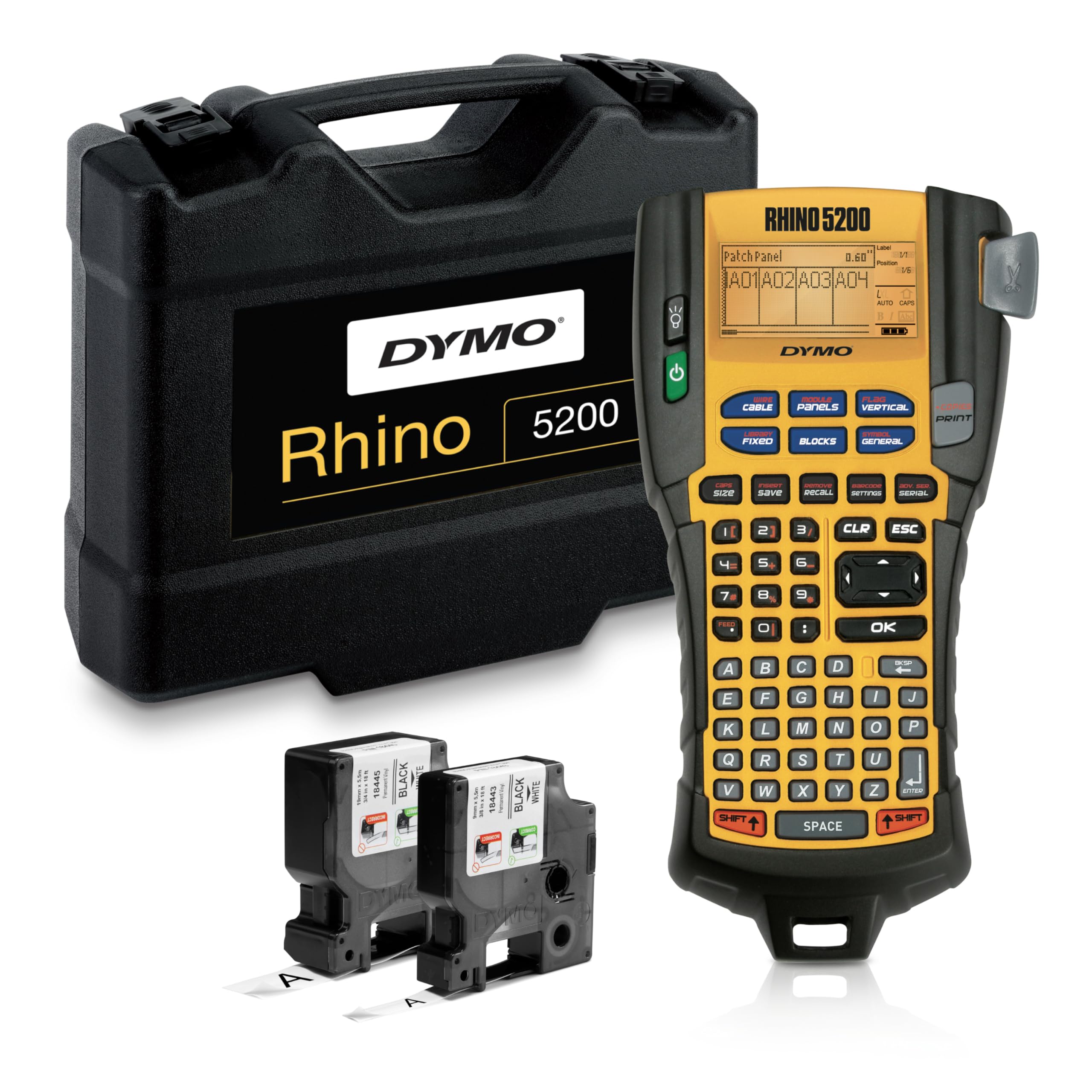 DYMO Rhino 5200 Industrial Label Maker with Carry Case - Heavy Duty Labeling Machine for Construction, Warehouse & Job Sites - Fast Printing with 2 Rolls Industrial Vinyl Labels - Perfect for Equipment ID, Safety Signs & Inventory Management