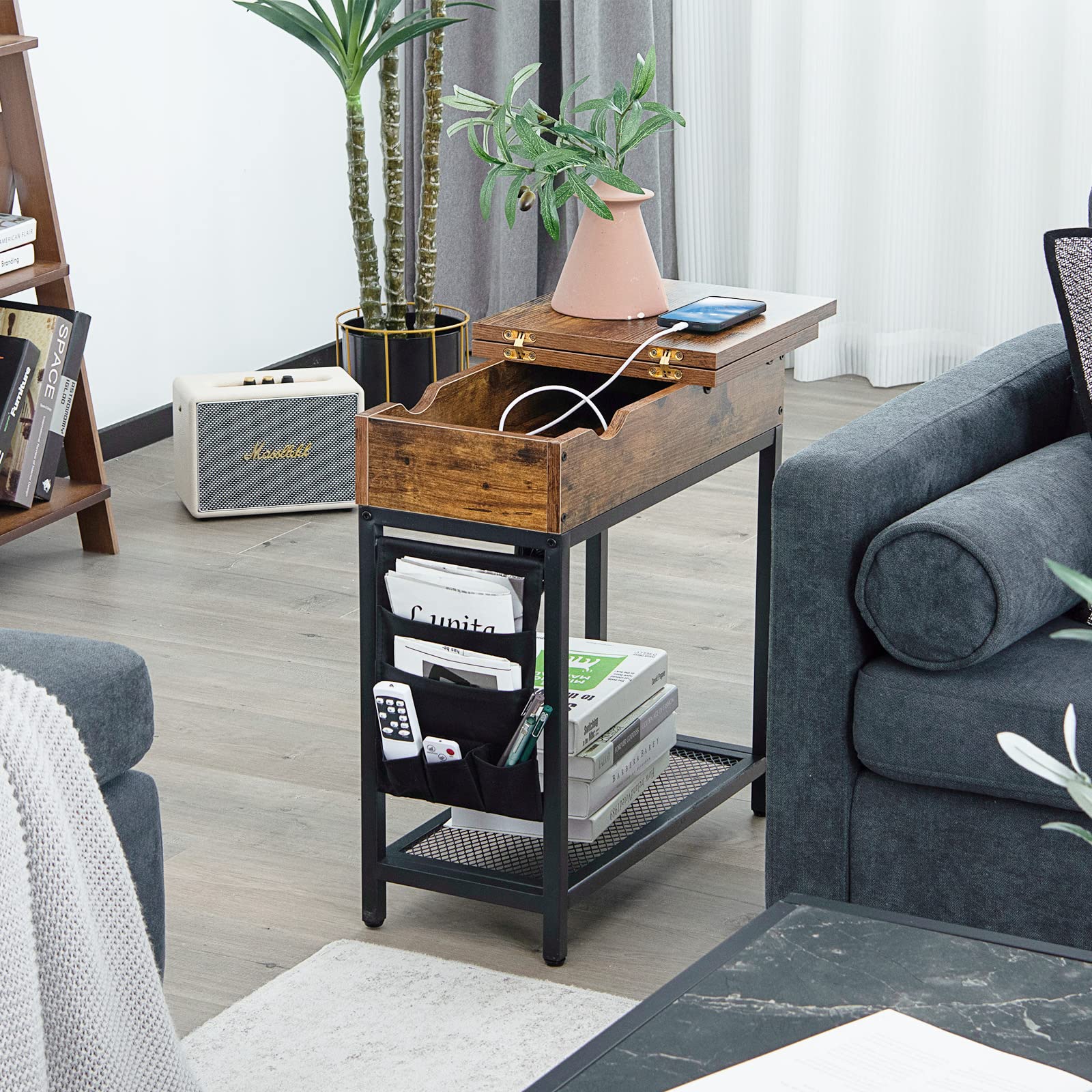 Tangkula Flip Top Side Table with Charging Station - USB Ports & Outlets, Narrow End Table with Fabric Storage Bags - Industrial Nightstand for Small Spaces (Rustic Brown, 2-Pack) | Perfect for Living Room, Bedroom & Dorm Organization