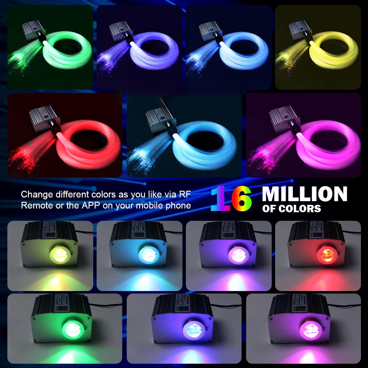 AMKI Bluetooth 10W Twinkle Fiber Optic Light Kit - 460pcs RGBW Starlight with 9.8ft Optical Cable (0.03in/0.04in/0.06in) for Car Headliner & Home Ceiling Decor - APP/Remote Control, Sound Activated - Perfect for Bedroom, Party, and DIY Lighting Projects