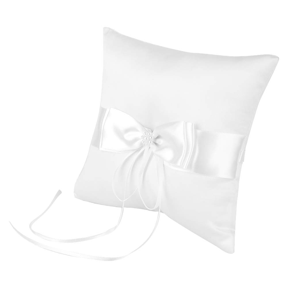 Tiiyee White Lace Wedding Ring Pillow with Pearl Bowknot - 15cm Ceremony Cushion for Bearers