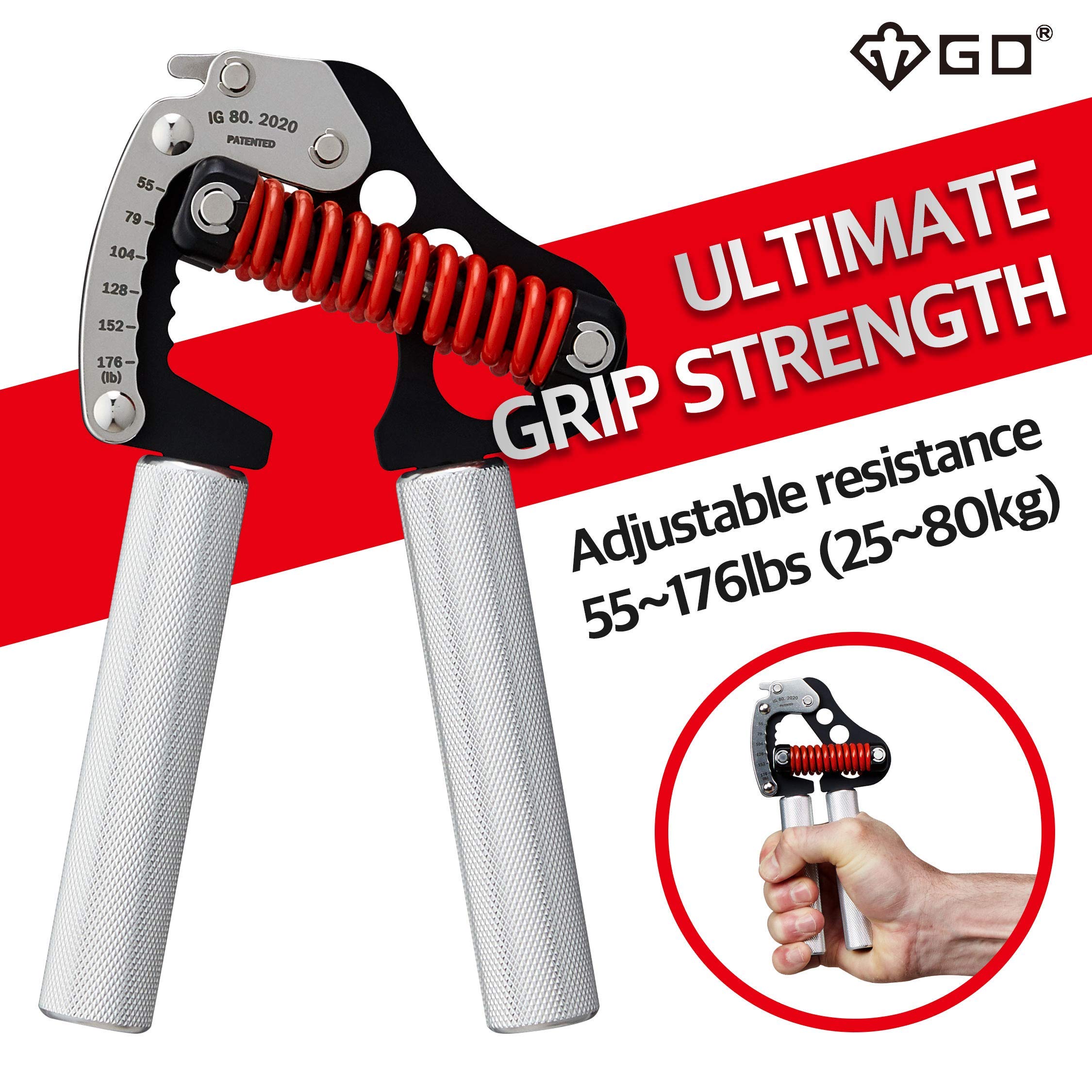 GD Adjustable Hand Grip Strengthener - Iron Grip 80 (55-176 lb) with Black Grip Tape - Wrist & Forearm Trainer for Strength Training, Home Gym, Office, and Rehabilitation Workouts