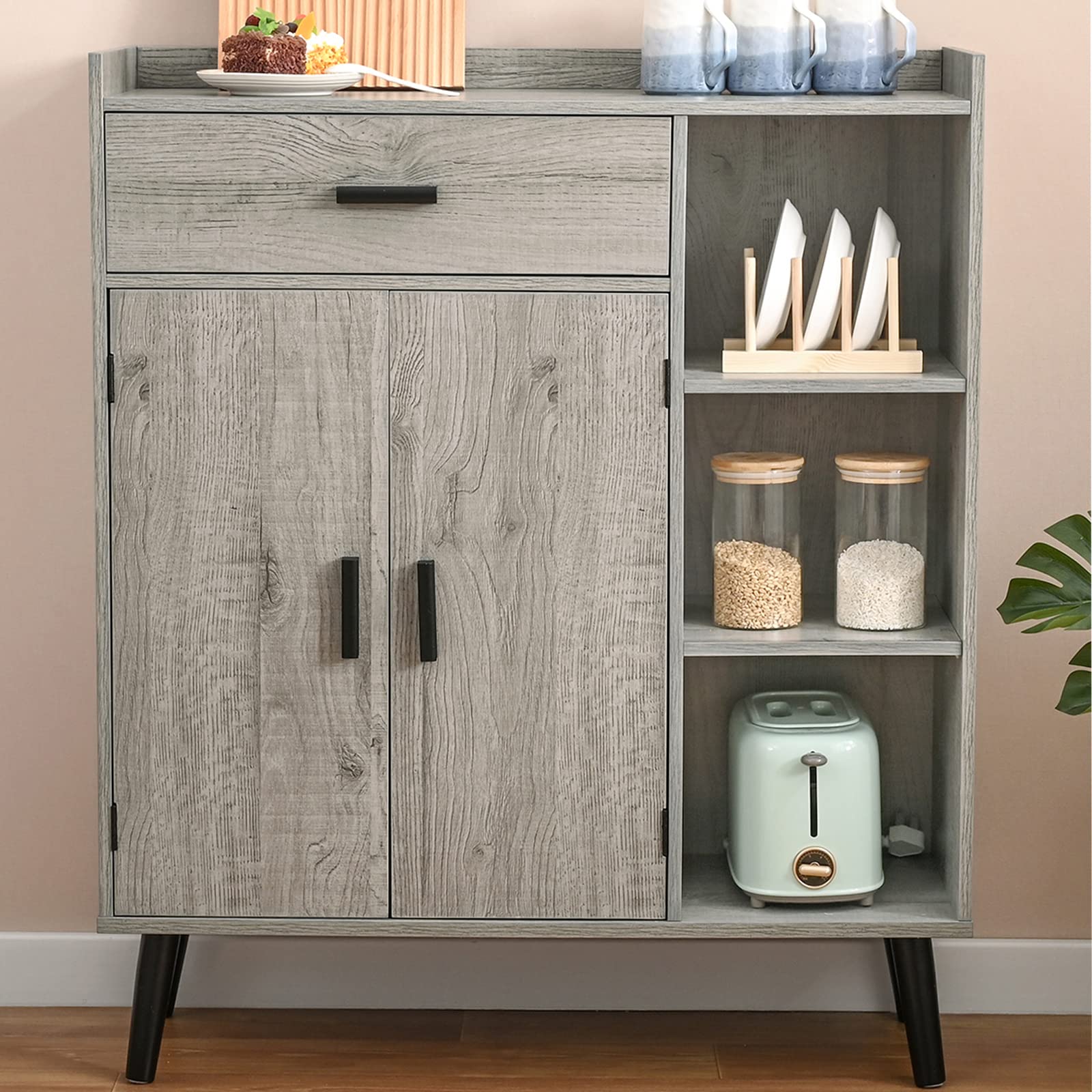 Mid Century Modern Storage Cabinet with 1 Drawer, 2 Doors & 3 Shelves - Grey Accent Cabinet for Living Room, Bedroom, Entryway & Office - Perfect for Home Organization & Small Space Storage Solutions