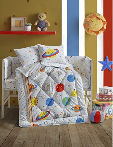 OZINCI 6-Piece Baby Bedding Set - 100% Cotton Crib Set with Cute Planets & Stars Theme for Boys & Girls | Comforter, Fitted Sheet, Pillowcases | Soft Nursery Decor for Newborns & Toddlers | Perfect for Space-Themed Nurseries & Baby Showers