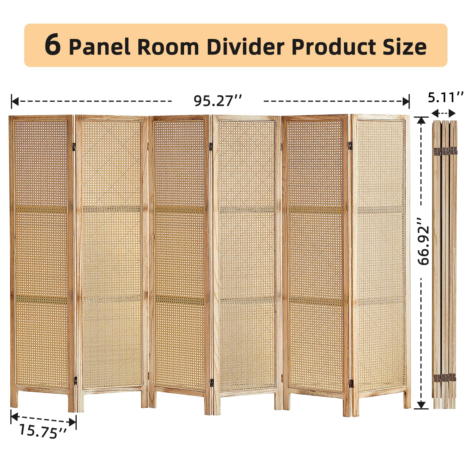 6 Panel Rattan Room Divider Screen - 5.6 Ft Tall Foldable Wooden Partition Wall - Freestanding Privacy Screen for Home, Office & Bedroom - Natural Woven Design - Perfect for Room Separation, Zen Decor & Space Division