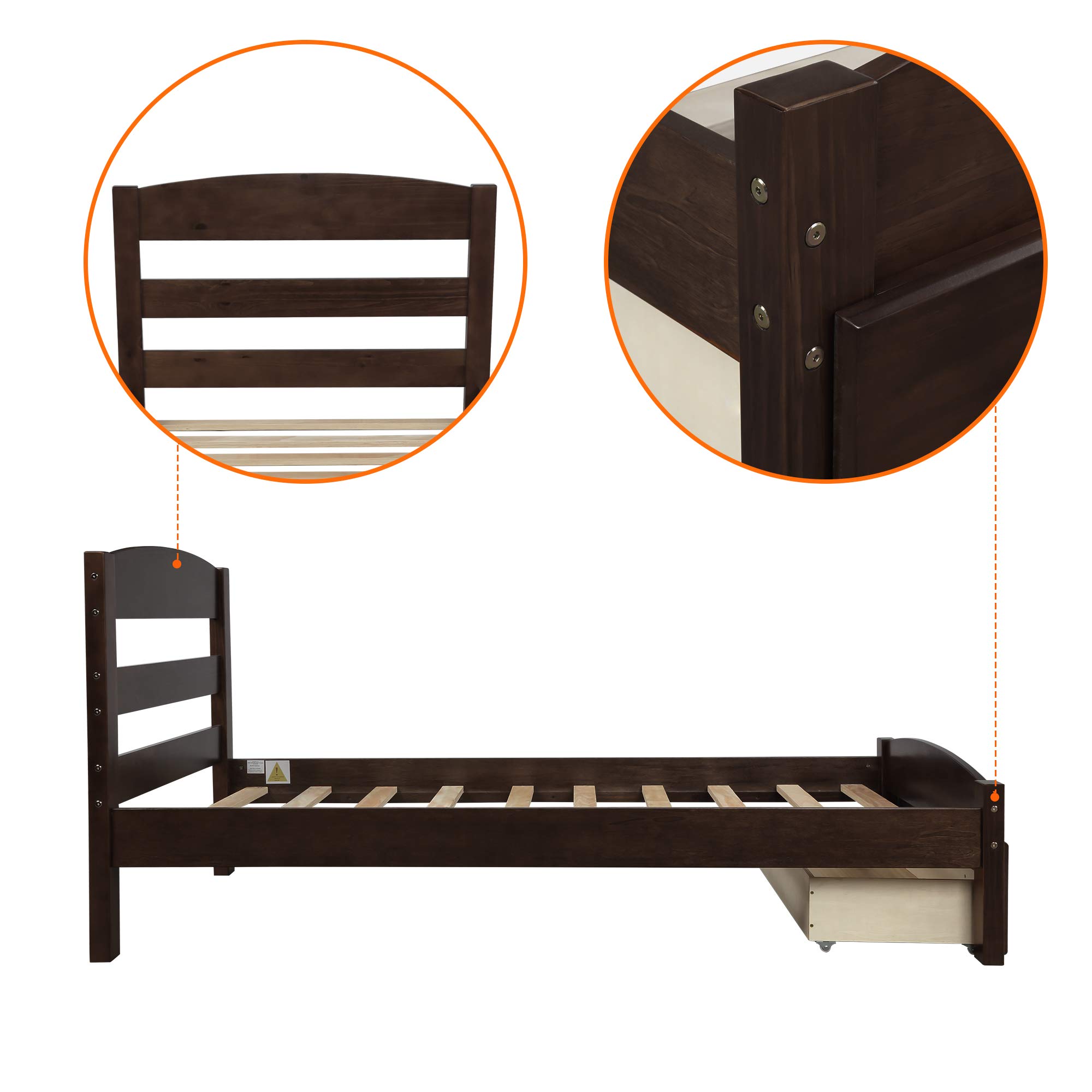 Polibi Twin Size Wooden Platform Bed Frame with Storage Drawer & Wood Slat Support - No Box Spring Needed, Espresso Finish - Perfect for Small Bedrooms, Guest Rooms & Kids' Rooms