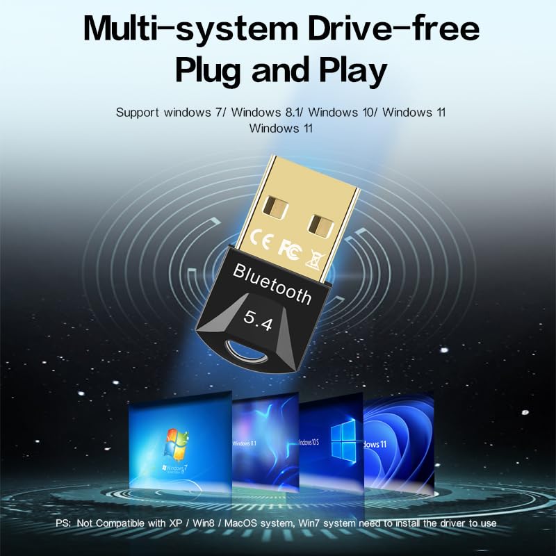 Universal USB Bluetooth 5.4 Adapter for PC - Wireless Receiver for Keyboard, Mouse, Headset & Speakers with Realtek Chip | Windows 11/10/8.1/7 Compatible | Stable Connection for Home Office & Gaming Setup