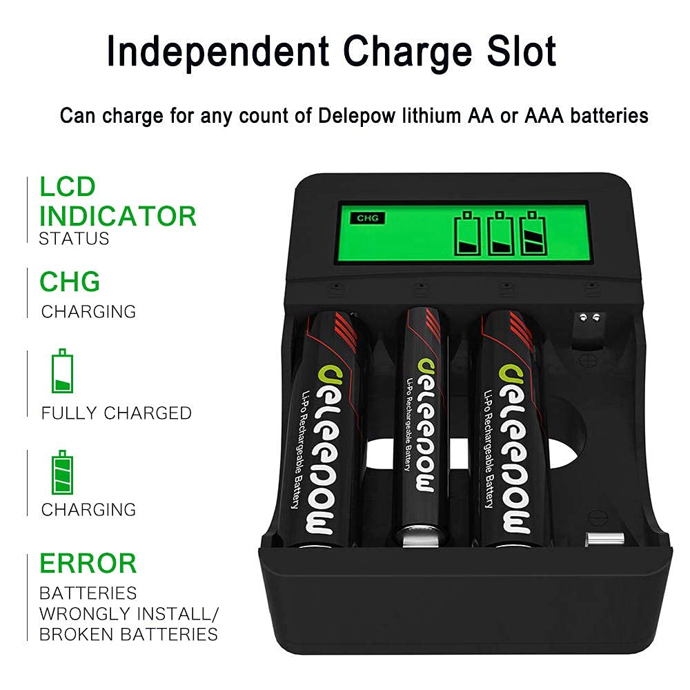 Deleepow 1.5V Rechargeable AA Lithium Batteries 3400mWh 4-Pack with LCD Charger - 1500 Cycles for Cameras, Flashlights, Toys & Electronics - Long Lasting Power Solution