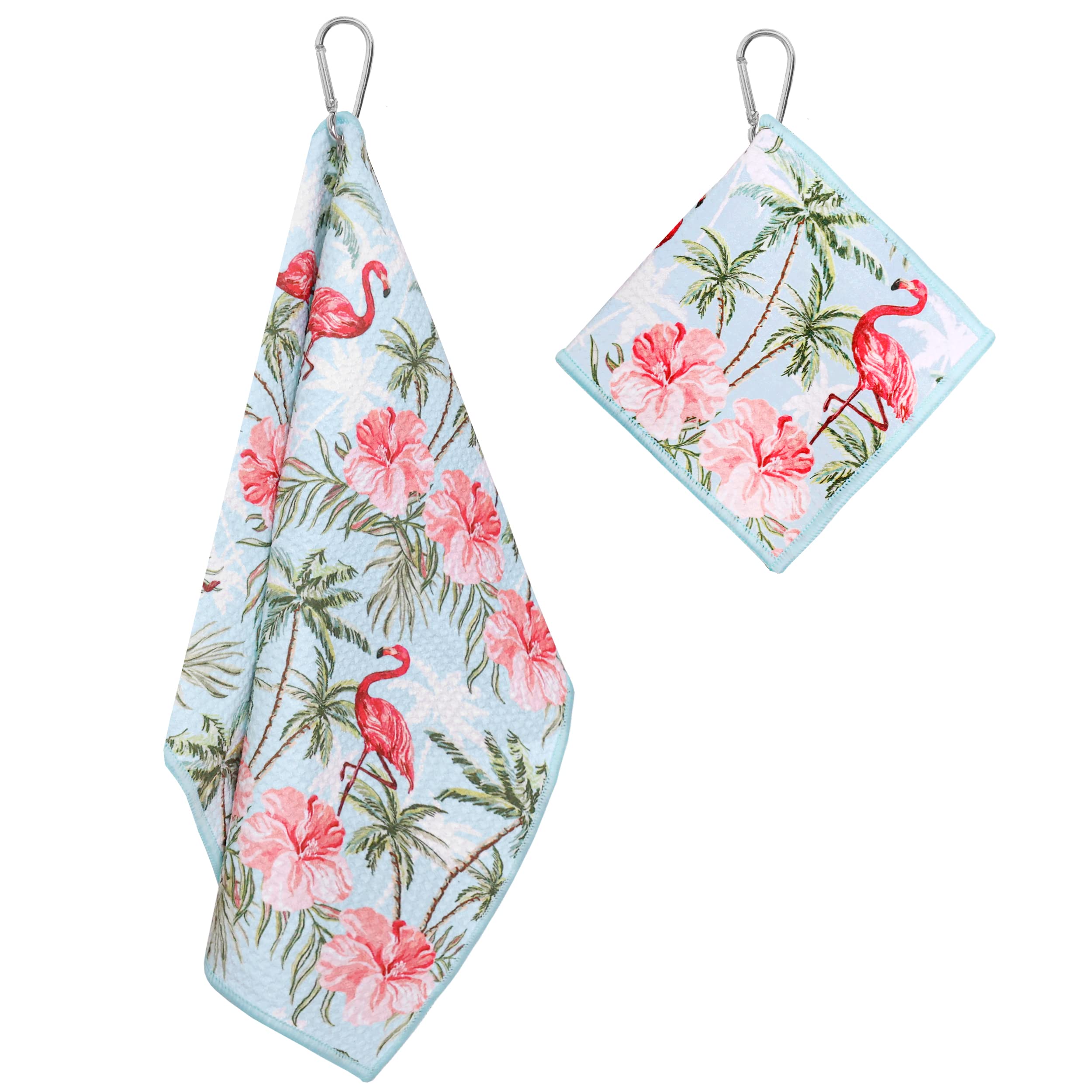 Premium Golf Towel Set of 2 - Microfiber Waffle & Ball Towels for Golf Bags - Best Golf Accessories for Men & Women - Ideal Golf Gifts - Flamingo Palm Tree Design - Perfect for Course Play, Practice & Club Storage