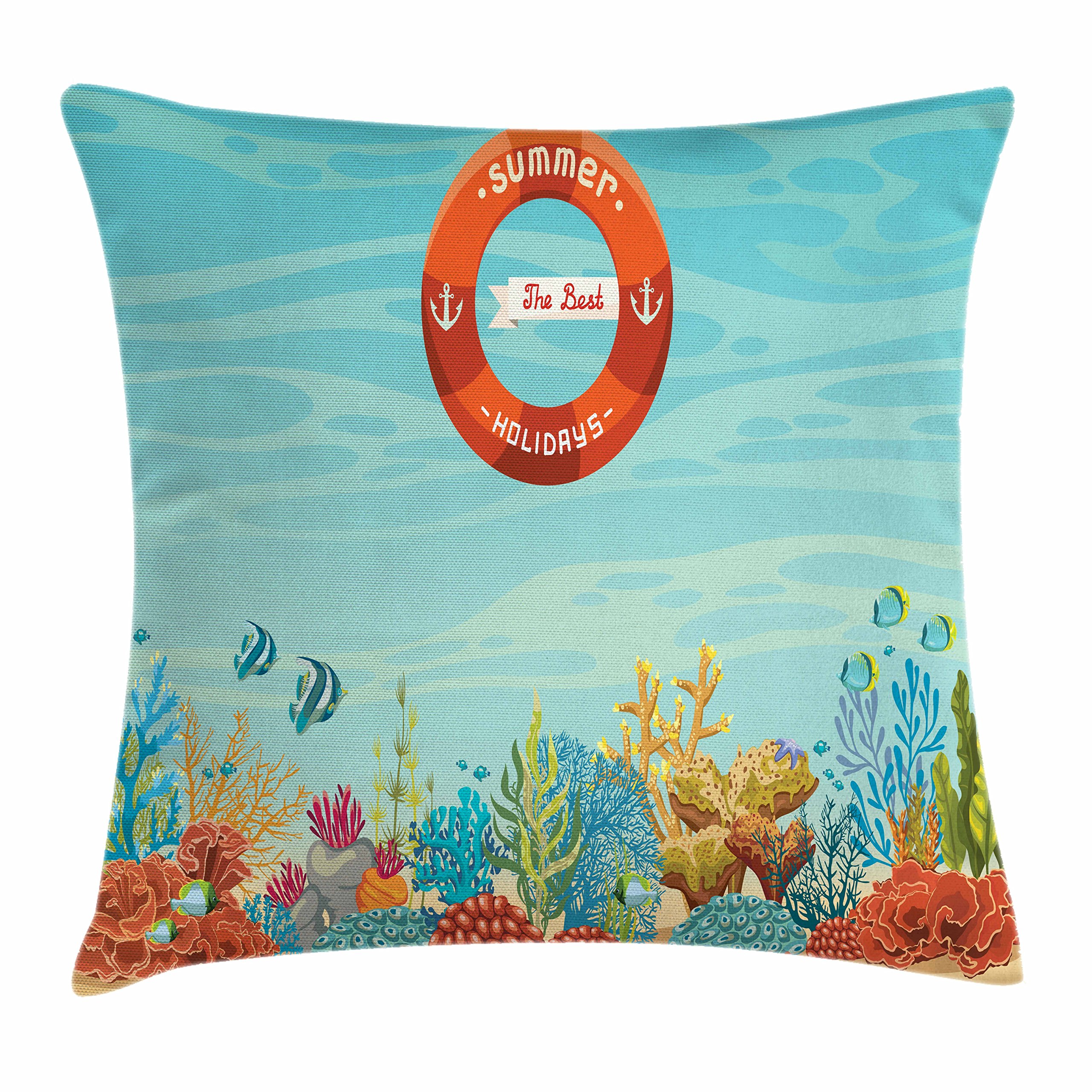 Ambesonne Marine Coral Reef Throw Pillow Cover 16x16 Inch - Tropical Ocean Bubbles Beach Themed Decorative Square Cushion Case in Pale Blue & Orange - Perfect for Coastal Home Decor, Living Room Accent, Beach House Styling
