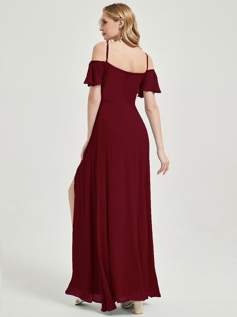 Elegant Burgundy Spaghetti Strap A-Line Chiffon Bridesmaid Dress with Side Slit | Formal Wedding Party Gown for Bridesmaids, Evening Gala & Special Occasions