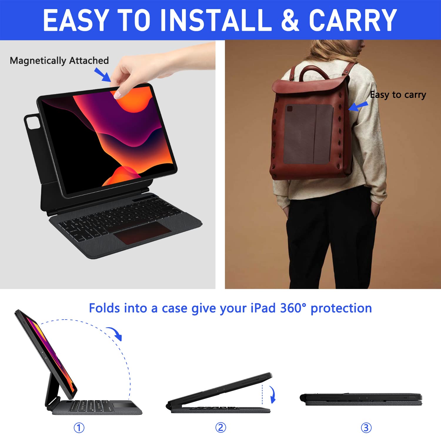Doqo Magnetic Backlit Wireless Keyboard Case with Multi-Touch Trackpad for iPad Air 5th/4th Gen (2020-2022) & iPad Pro 11 (2018-2021) - Perfect for Work, Study & Travel