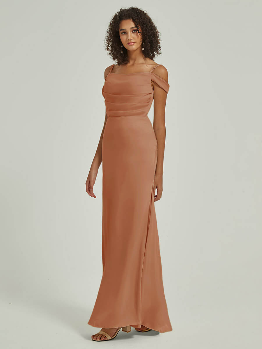 Elegant Bronzer Cowl Neck Strappy Side Slit Silk Satin Convertible Bridesmaid Dress for Weddings & Formal Events | Perfect for Bridal Party, Evening Gala & Special Occasions