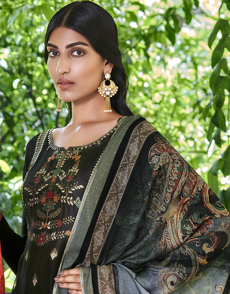 Black Pure Viscose Russian Silk Jacquard Pant Suit for Women - Elegant Office Wear & Formal Occasions
