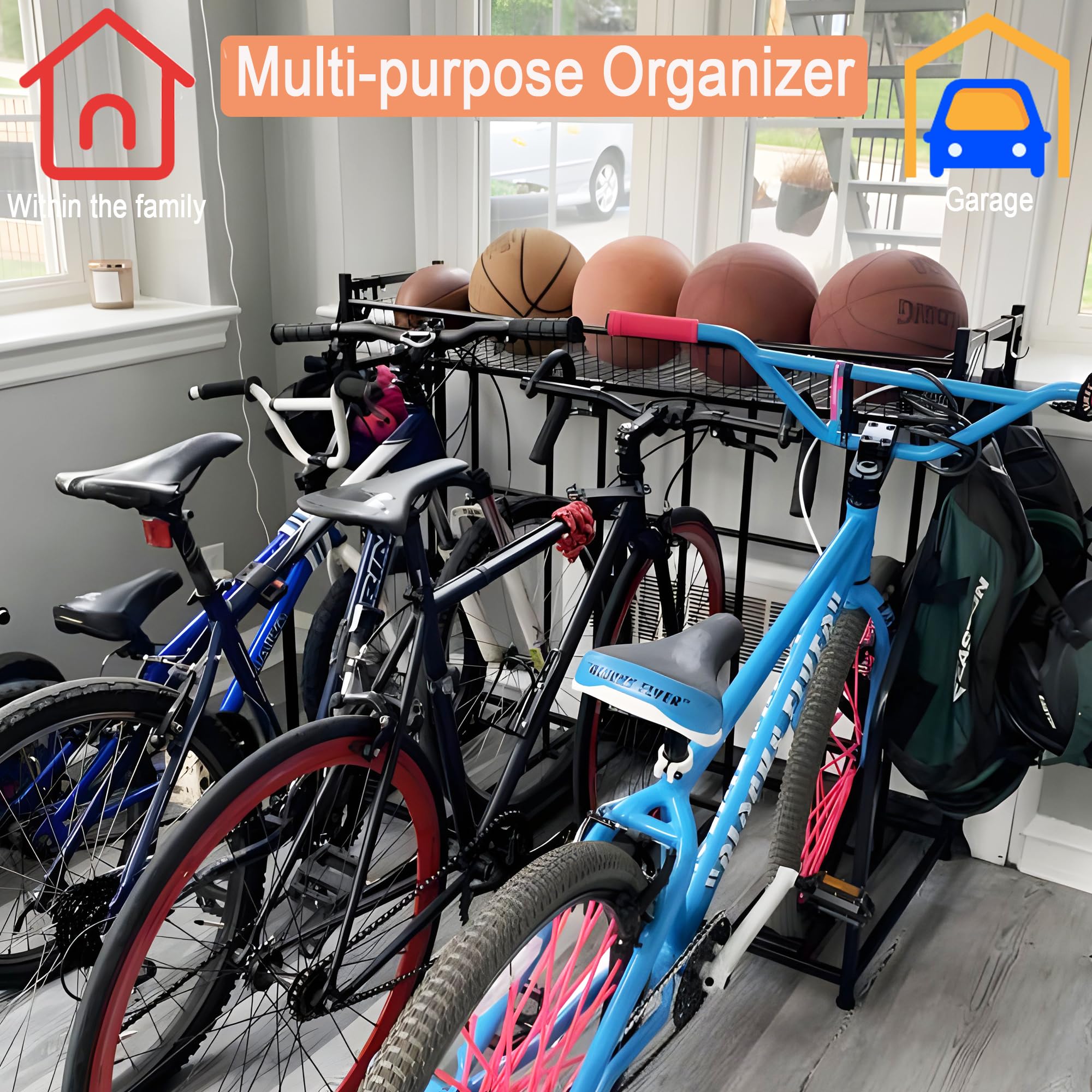 **Heavy Duty 4 Bike Rack Garage Stand - Adjustable Black Metal Floor Storage with Basket & Hooks - Fits 3