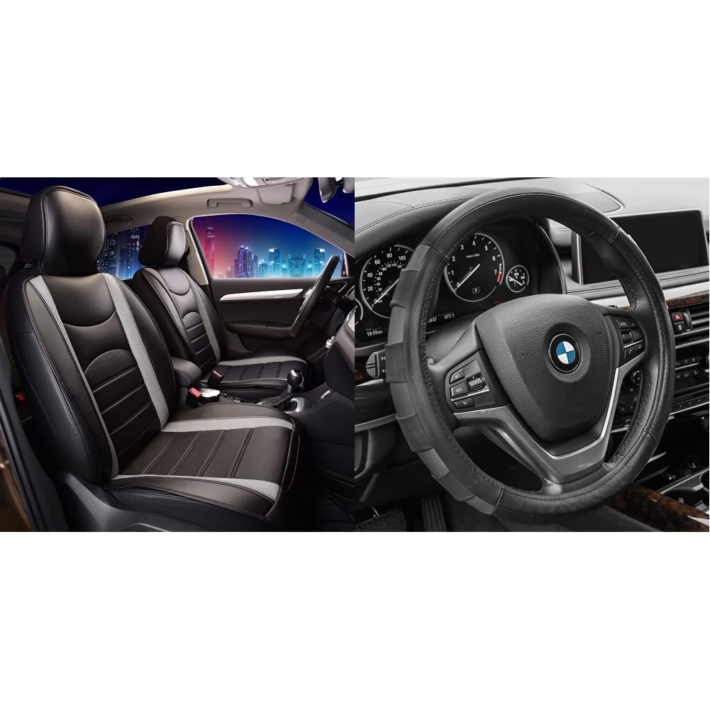 FH Group Leatherette Car Seat Cushions - Airbag Compatible & Steering Wheel Cover (Genuine Leather Sport) - Premium Comfort for Long Drives & Road Trips