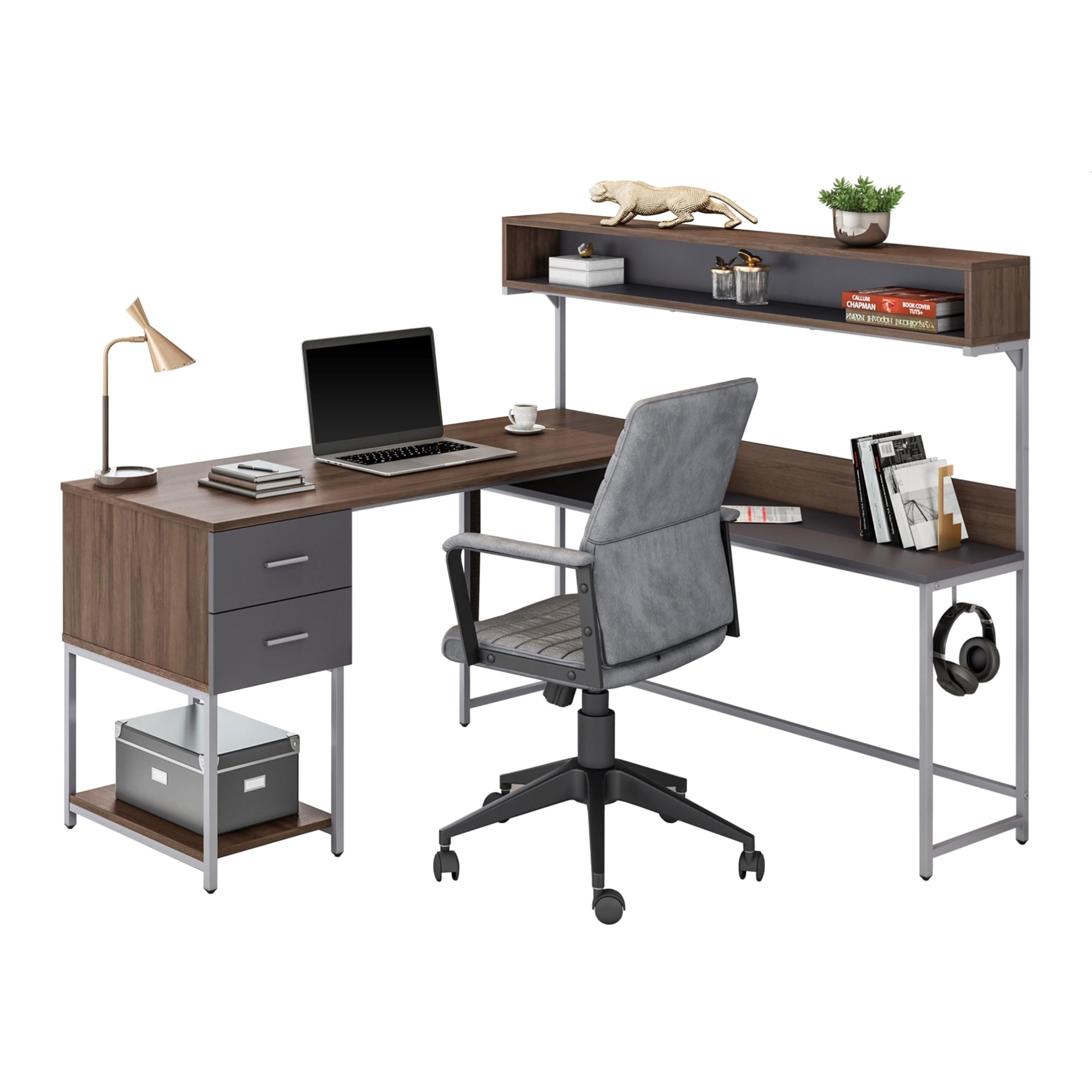 Techni Mobili L-Shaped Corner Computer Desk with Hutch, Storage Drawers & Open Shelf - Walnut Home Office Workstation for PC, Printer & Study Space