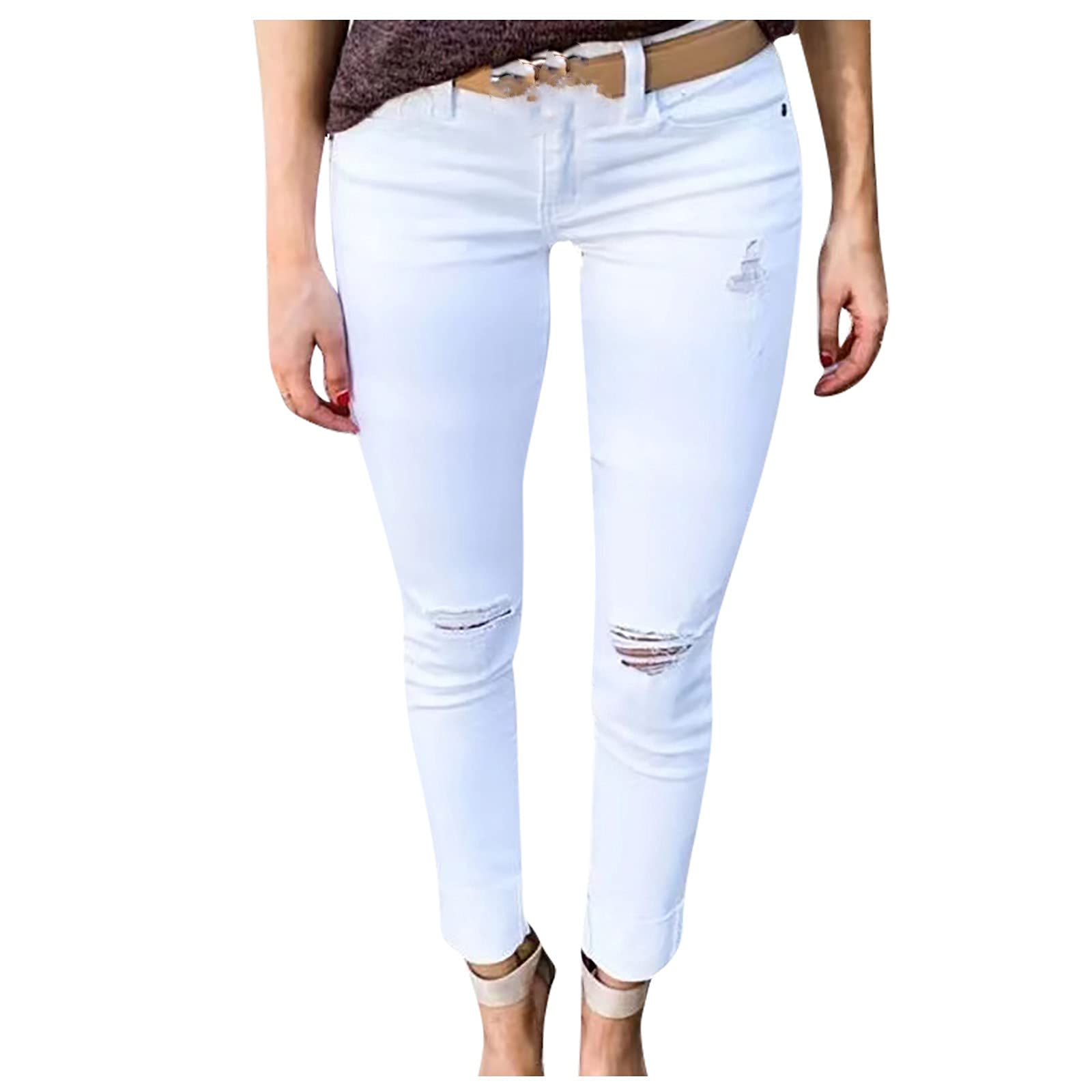 Eaktool Women's White High-Waisted Flare Jeans - Solid Color Bandage Hole Ankle Pants | Fashionable Trouser for Casual Wear, Office & Night Out