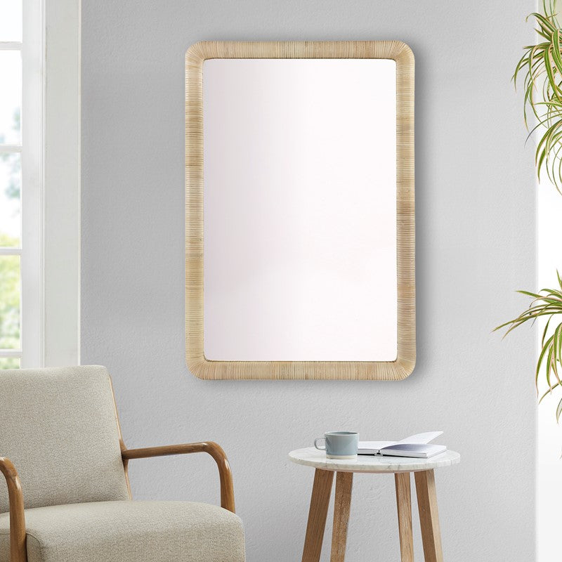 Natural Rattan Rectangle Wall Mirror - Handwoven Boho Decor for Living Room, Bedroom, or Entryway - Lightweight & Durable Home Accent