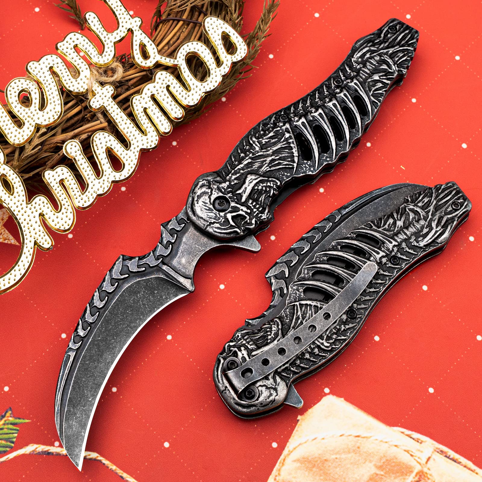 VALHALLA REAPER Skull Pocket Knife - 3D Hollow-Out Tactical Folding Knife with Belt Clip | EDC Survival Tool for Men | Perfect for Outdoor Camping, Hiking, Hunting & Everyday Carry