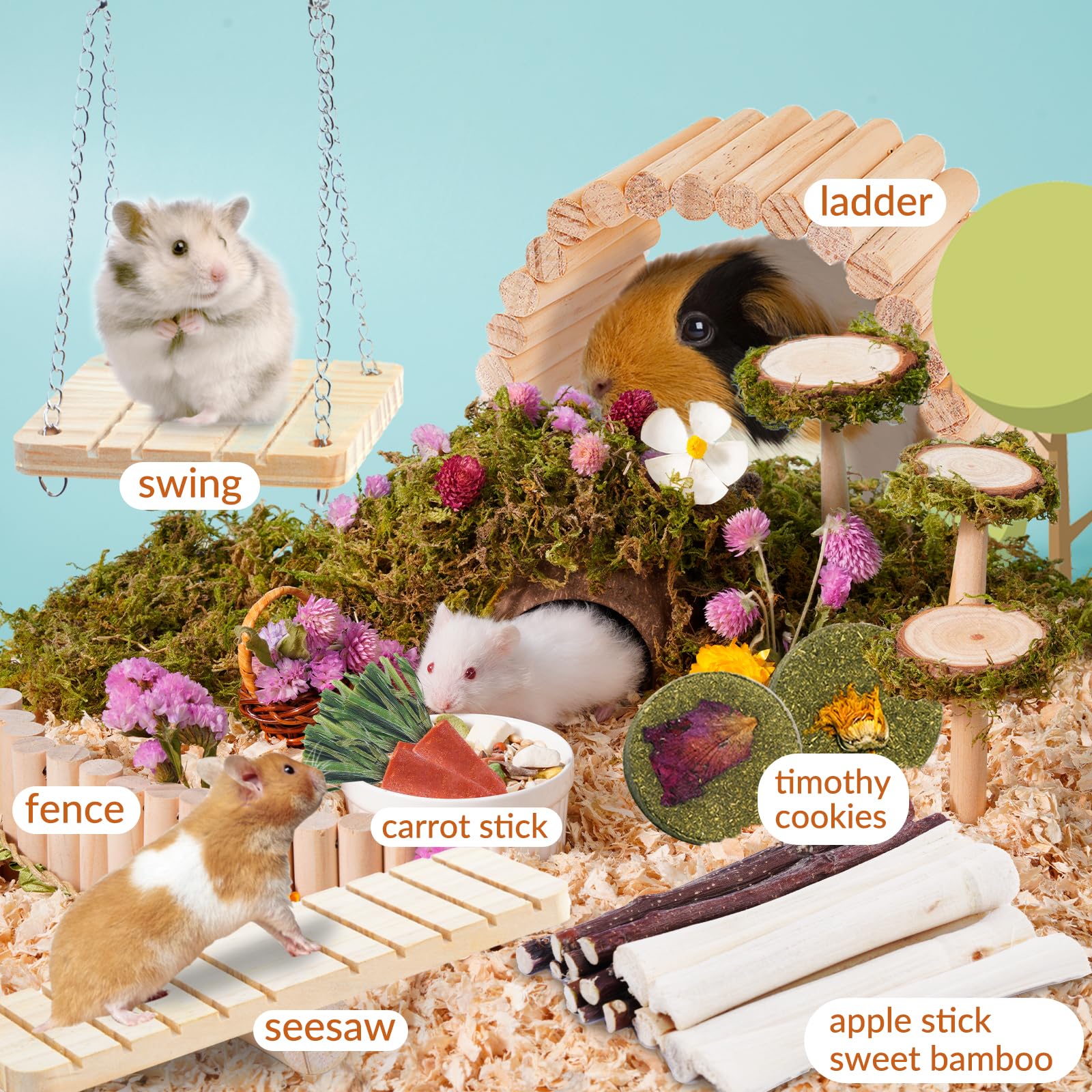 23-Piece Small Animal Toys Set for Hamsters, Guinea Pigs, Rats & Gerbils - Chew Toys, Ladder, Seesaw, Swing, Apple Stick & Bridge - Fun Cage Accessories for Playtime & Exercise