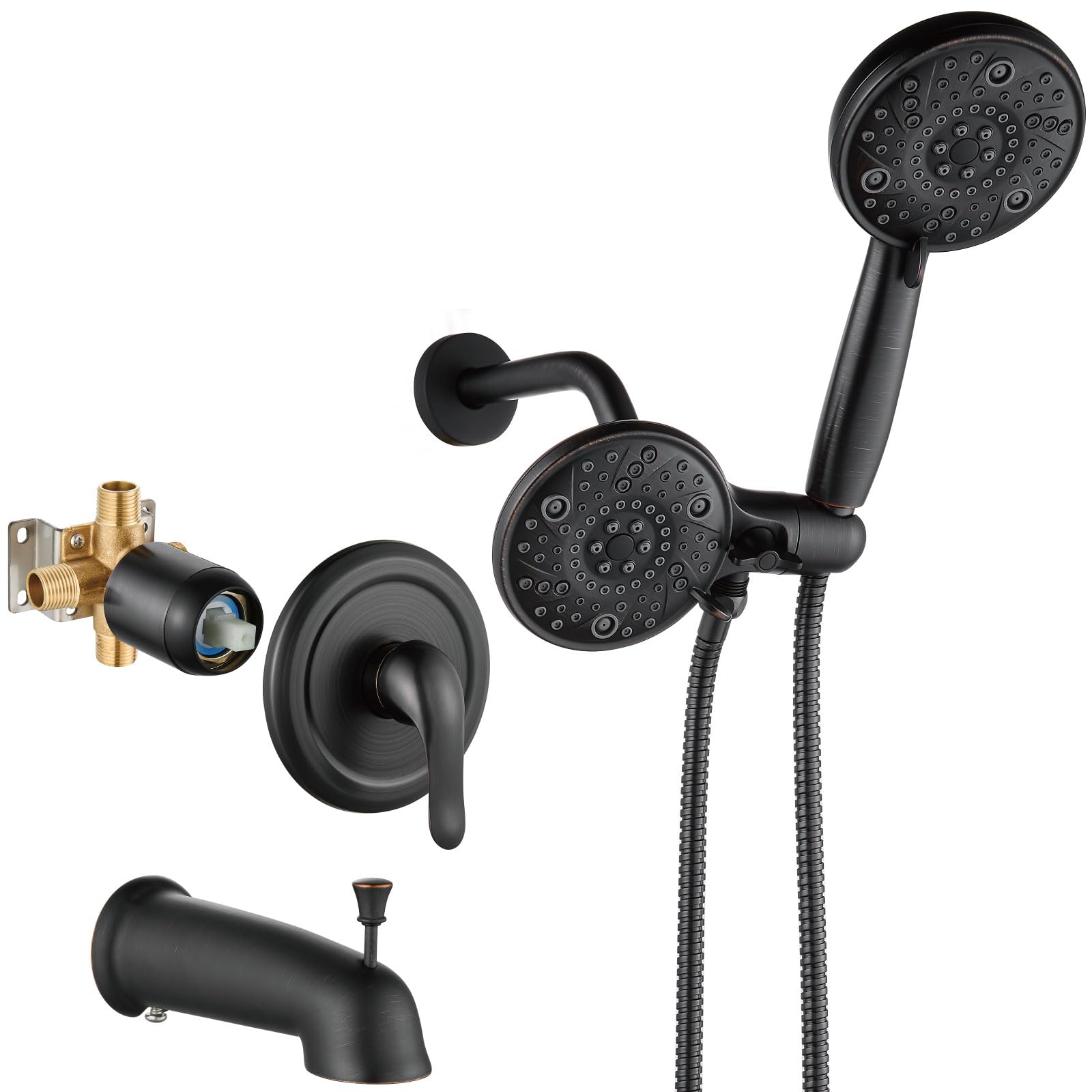 Aolemi Oil Rubbed Bronze Shower Faucet Set - 8-Setting Dual Shower Head & Handheld Spray System with Tub Spout, Rain Shower Head & Pressure Rough-in Valve | Perfect for Bathroom Renovation & Luxury Spa Experience