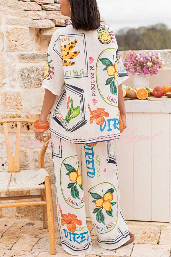 Summer Floral Fruit Print Casual Short Sleeve Shirt & Elastic Waist Loose Wide Leg Pants Set - Women's Comfortable Outfit for Beach Vacation, Shopping, and Daily Wear