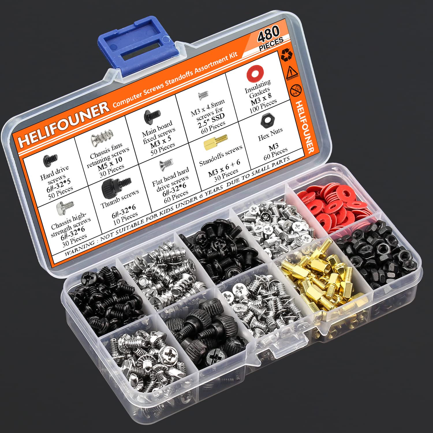 480-Piece Computer Standoffs Screws Assorted Kit - M3/M4/M5 Nylon & Metal Spacers for 2.5