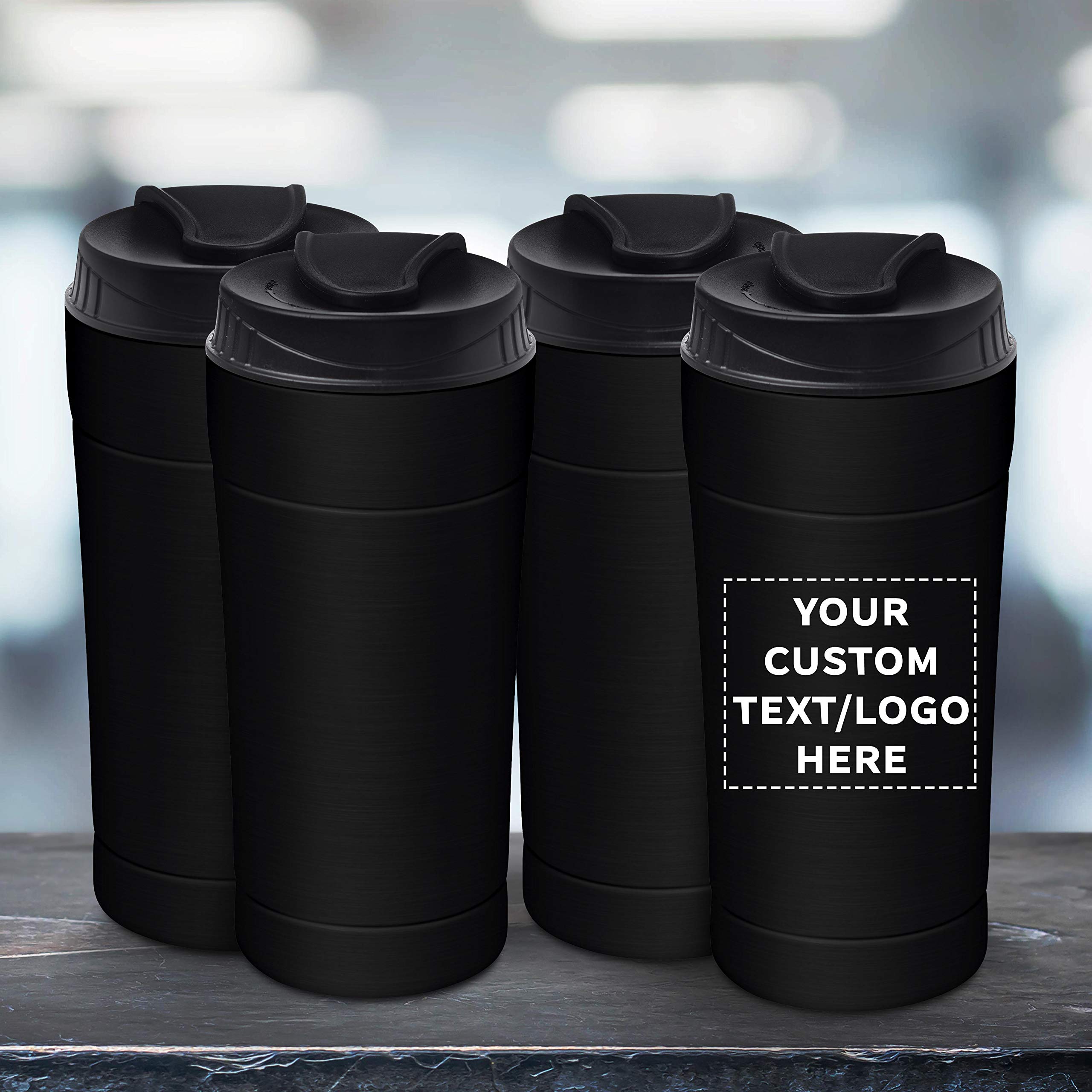 Custom 16oz Insulated Coffee Tumblers with Personalized Text/Logo - 12 Pack Black Travel Mugs - Perfect for Office Gifts, Corporate Events & Outdoor Adventures