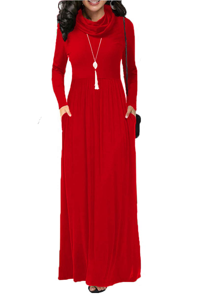 Women's Winter Solid Color Casual Maxi Dress - Empire Waist Loose Long Dress with Pockets | Warm & Stylish Cold Weather Outfit for Holiday Parties, Office Wear & Everyday Comfort