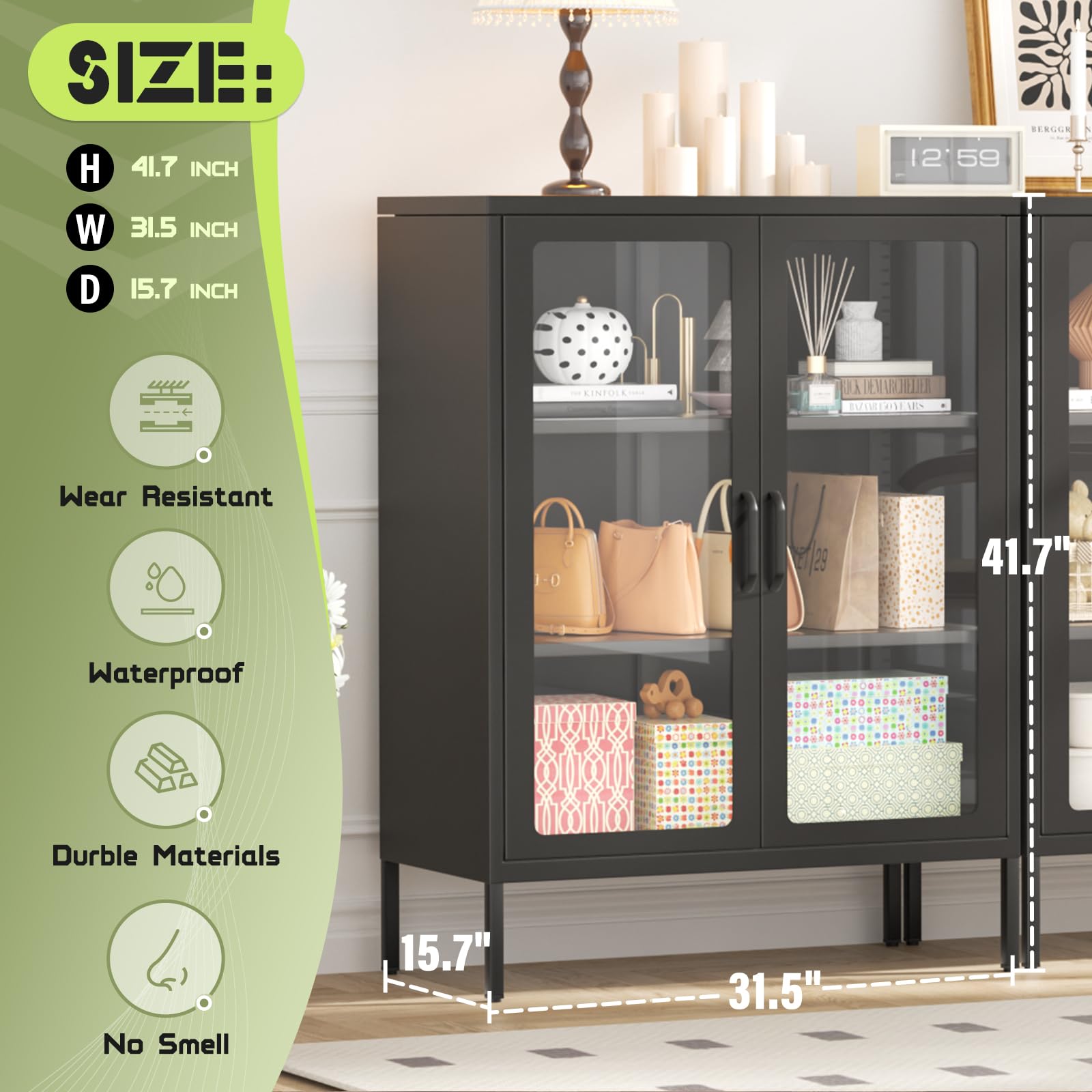 Betterland Black Metal Storage Cabinet with 2 Glass Doors & 2 Shelves - Lockable Curio Display Cabinet for Home, Pantry, Kitchen | Perfect for Showcasing Collectibles, Storing Spices & Organizing Kitchen Supplies