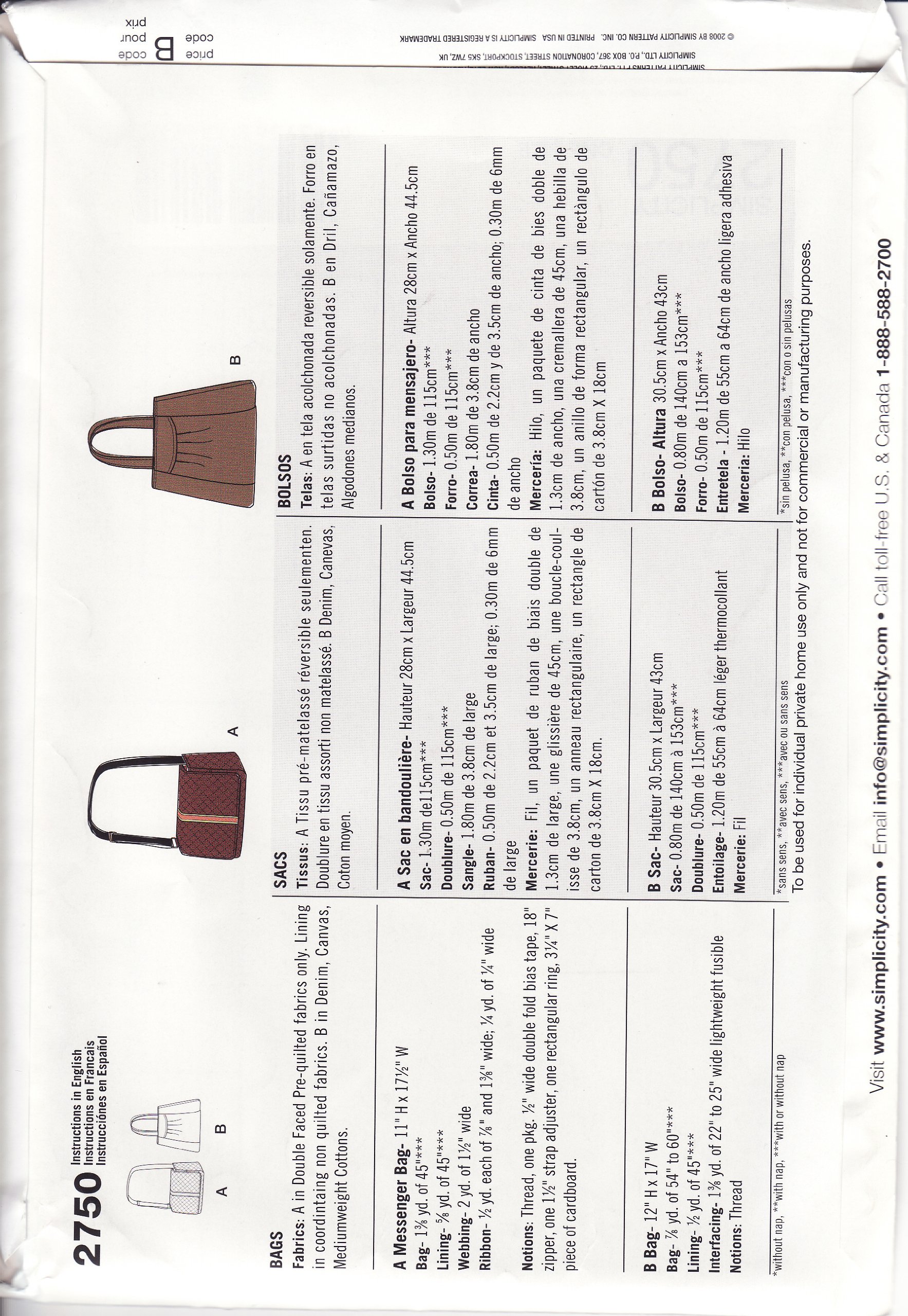Simplicity 2750 Craft Pattern for DIY Bags & Purses - Perfect for Sewing Projects, Fashion Accessories & Handmade Gifts