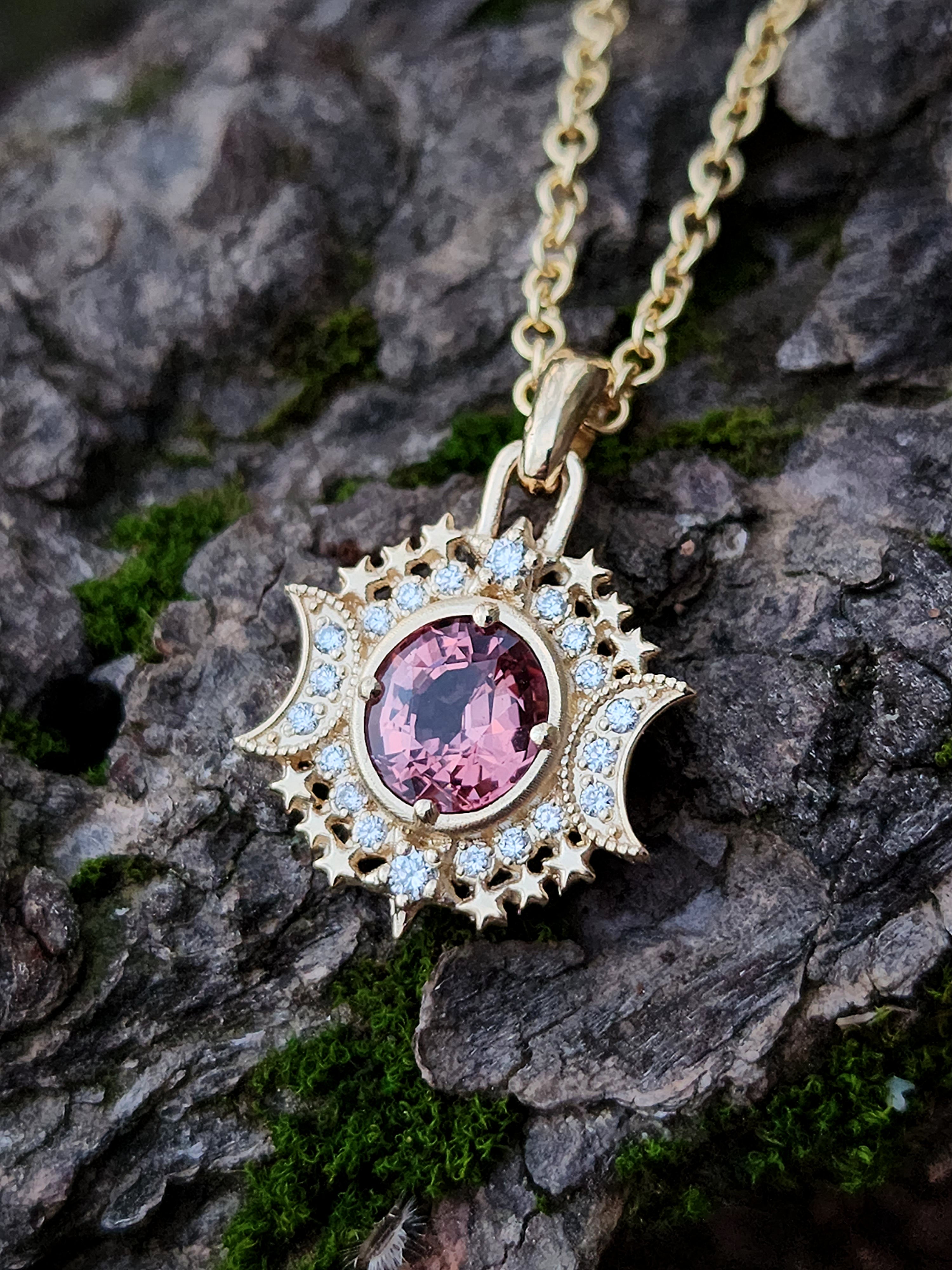 Serena Moon and Star Pendant Necklace - 14k Yellow Gold with Pink Spinel & Diamonds | Ready to Ship | Celestial Valentine's Gift for Her | Perfect for Anniversaries, Birthdays & Romantic Occasions