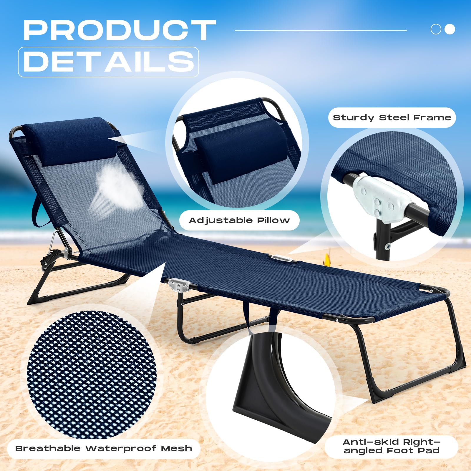 2 Pack Folding Chaise Lounge Chairs - Adjustable Outdoor Reclining Beach Chairs with 5-Position Backrest & Detachable Pillow, Breathable Mesh Sun Lounger for Tanning - Perfect for Poolside, Backyard, Camping & Beach (Navy Blue)